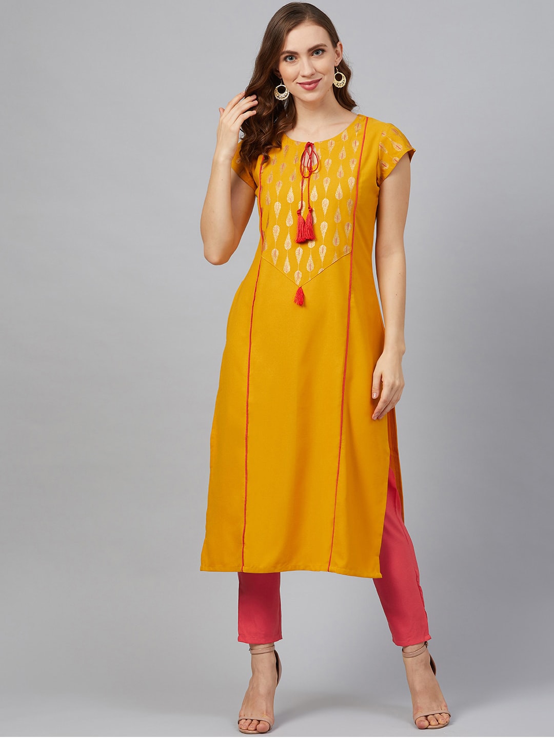 ZIYAA Women Mustard Yellow Printed Tie Up Neck Kurta Price in India
