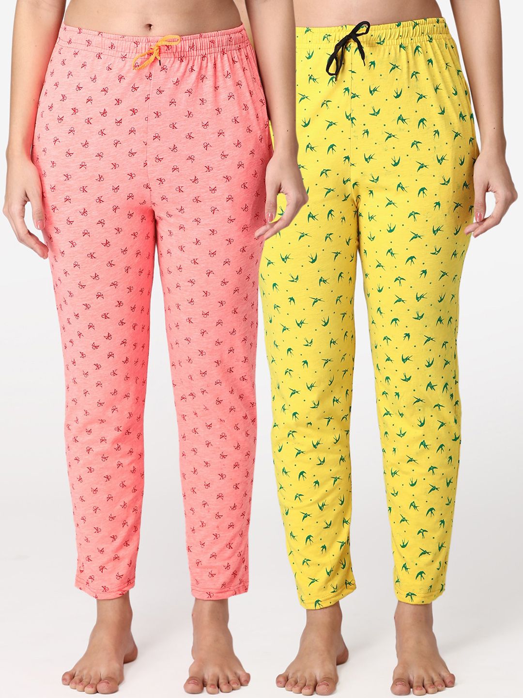 ABELINO Women Pack Of 2Coral & Yellow Printed Lounge Pants Price in India