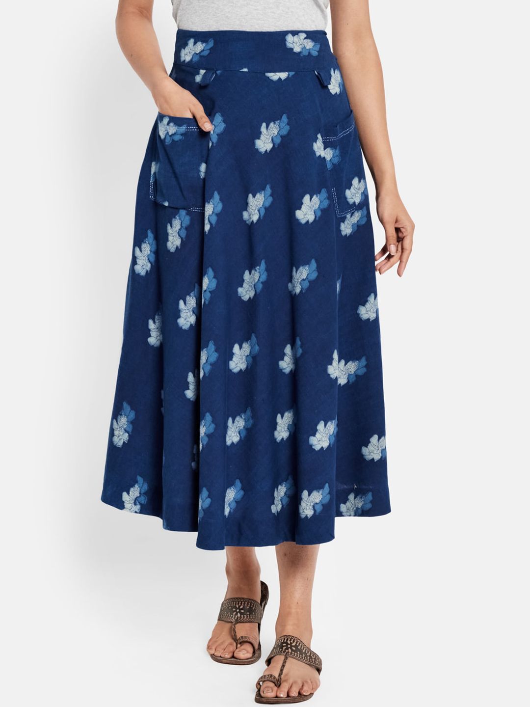 Fabindia Women Navy Blue & White Printed A-Line Skirt