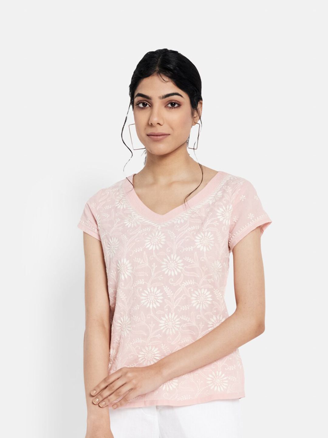 Fabindia Women Pink & White Floral Embroidered Pure Cotton Chikankari Top Price in India