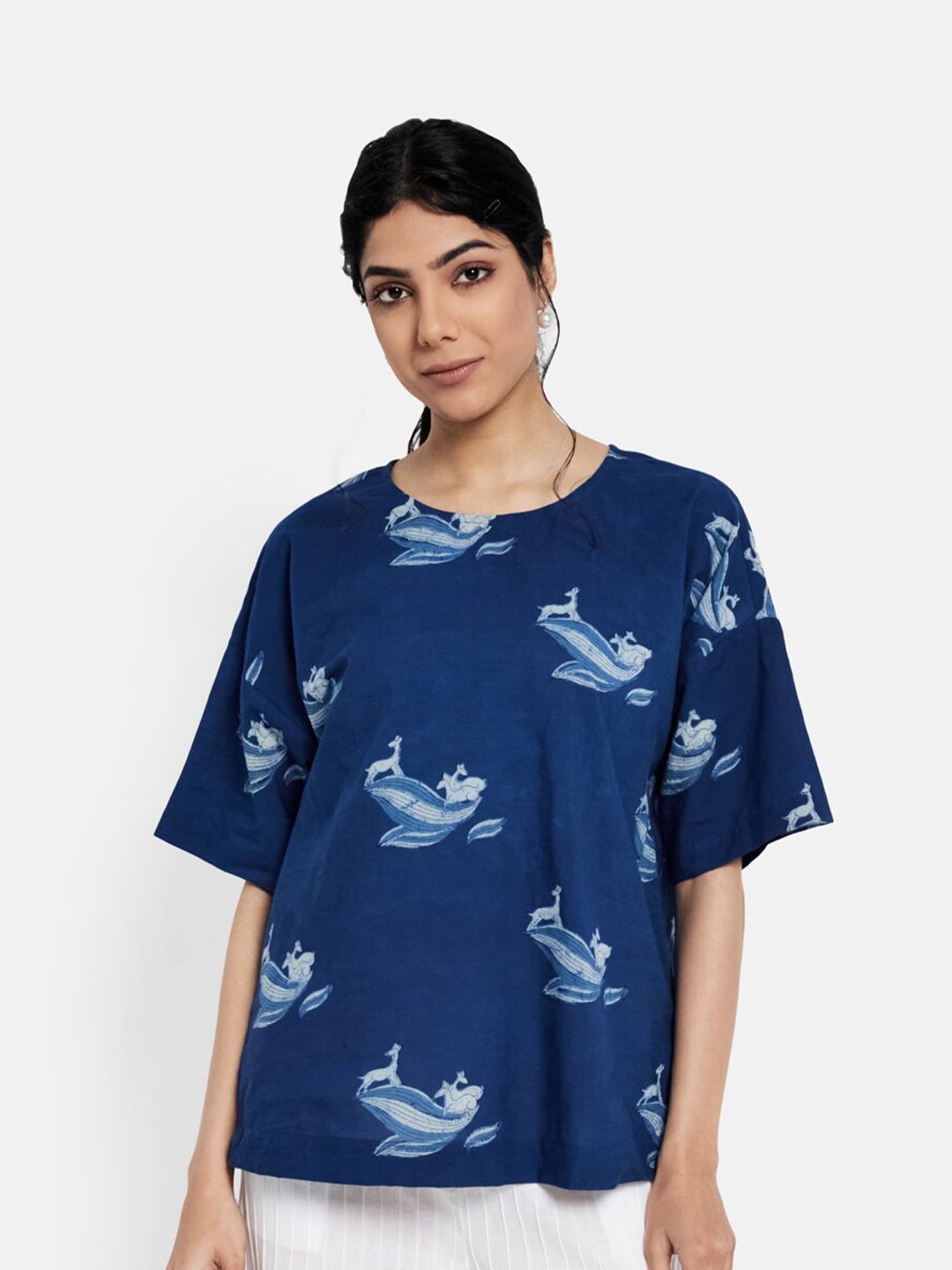 Fabindia Navy Blue Print Extended Sleeves Pure Cotton Top Price in India