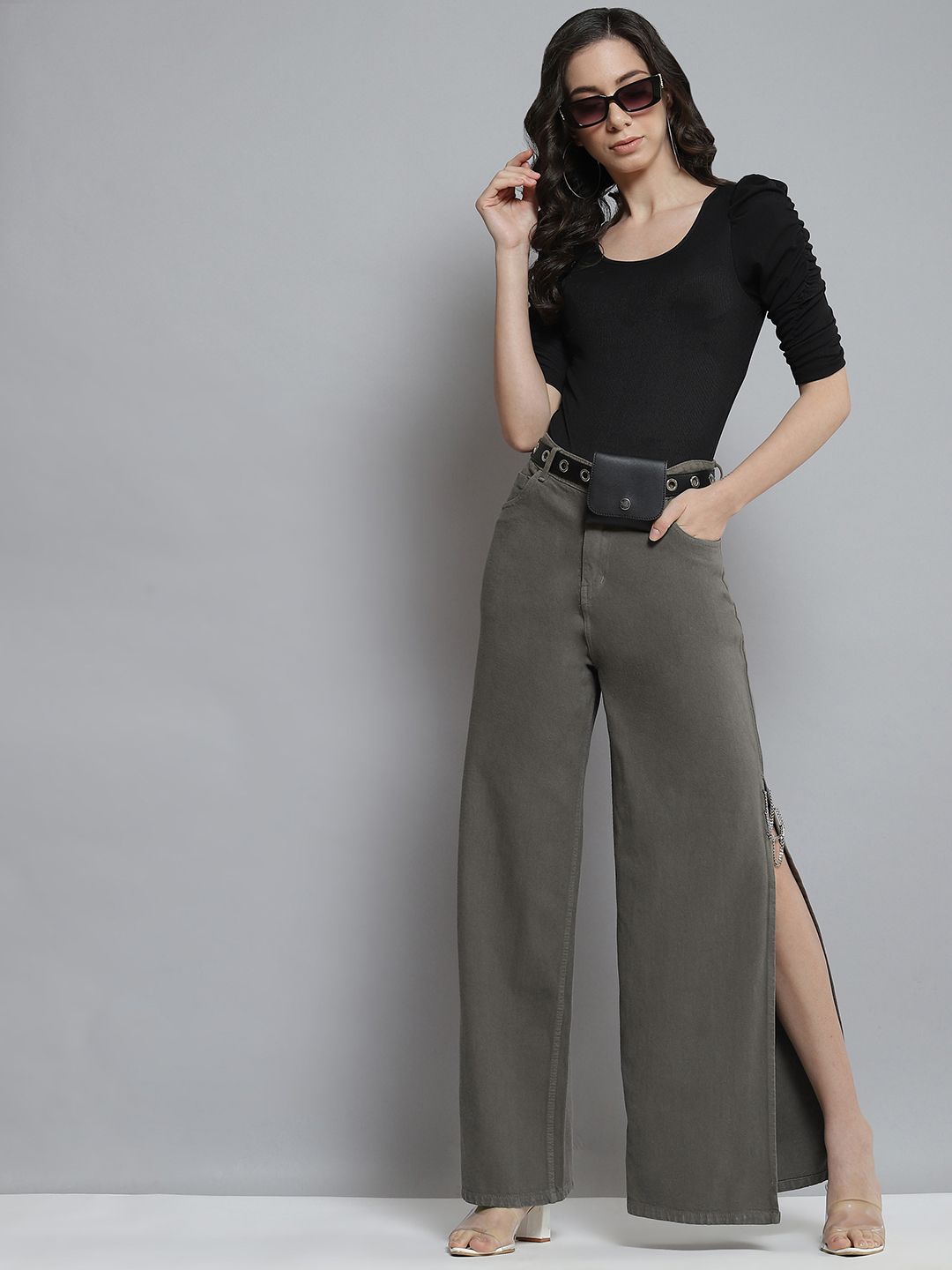 SASSAFRAS Women Grey Straight Fit Clean Look High-Rise Jeans with Side Slit and A Chain Price in India