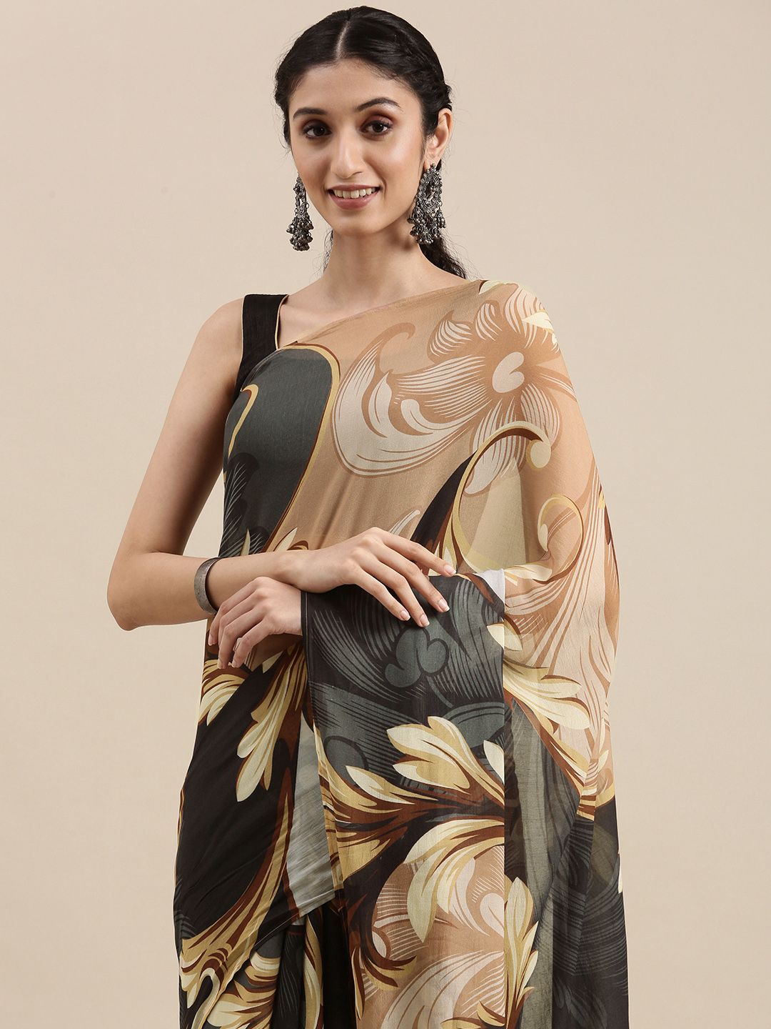 navyasa Black & Beige Ethnic Motifs Saree Price in India