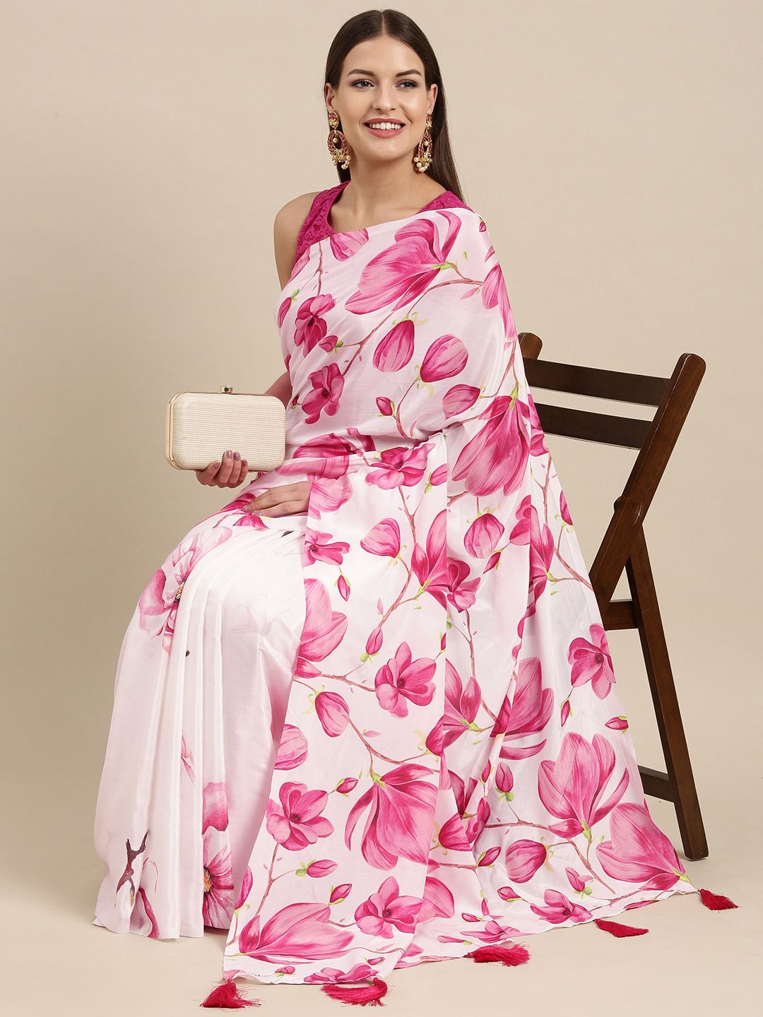 navyasa Pink & Off White Floral Print Liva Georgette Saree Price in India