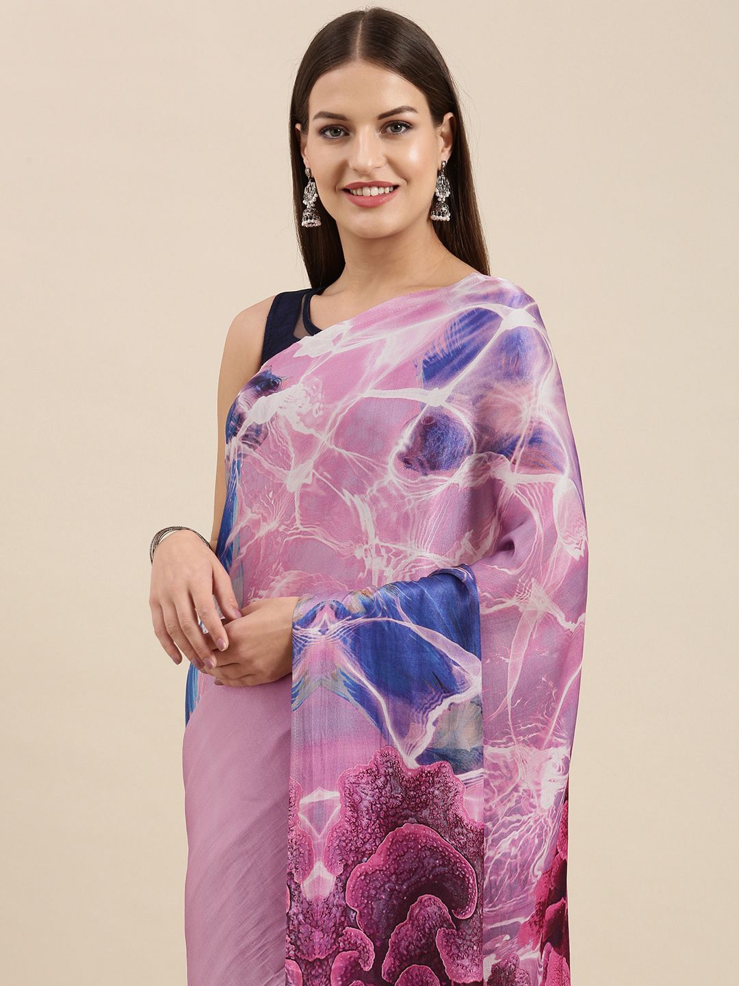 navyasa Purple & Blue Abstract Print Liva Crepe Saree Price in India