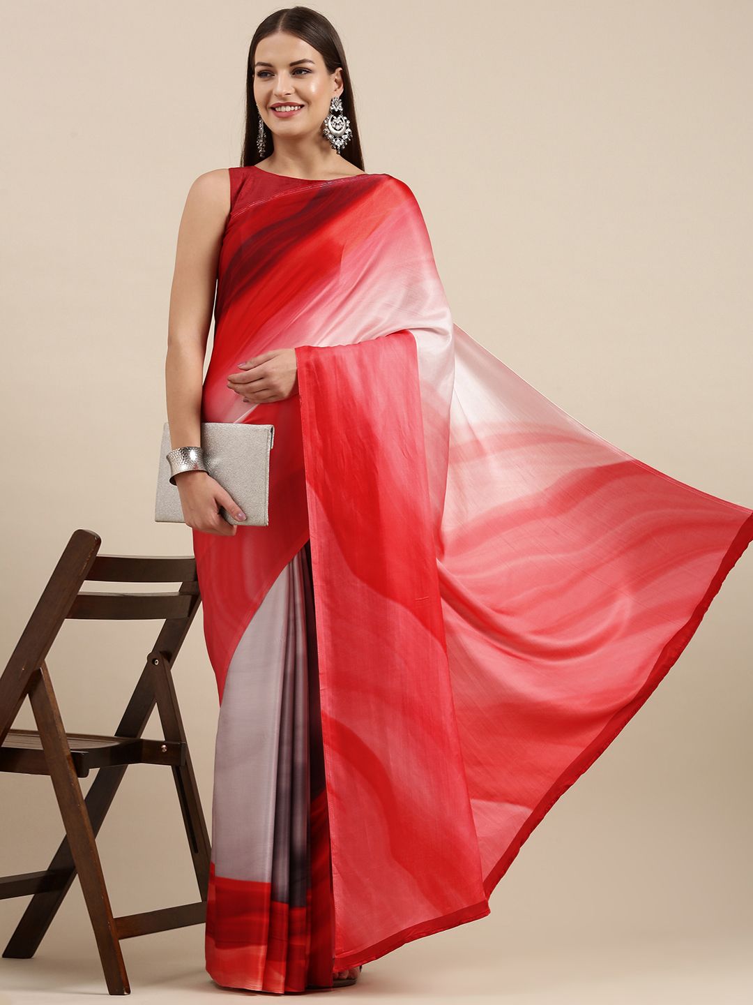 navyasa Pink & Grey Floral Liva Satin Saree Price in India