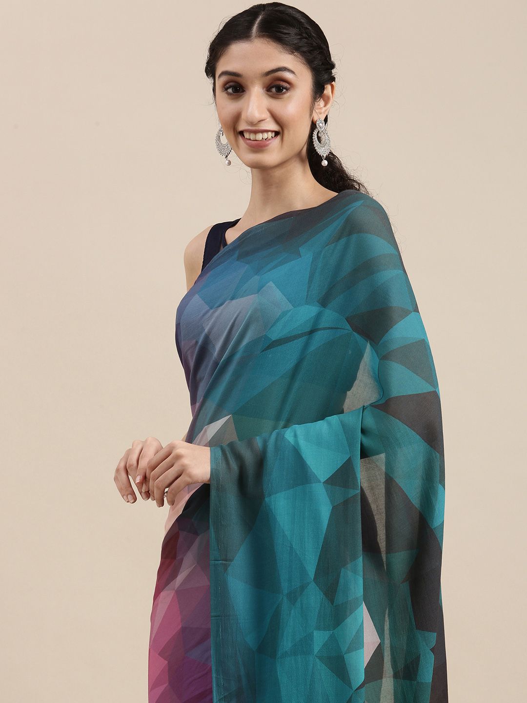 navyasa Purple & Green Geometric Printed Saree Price in India