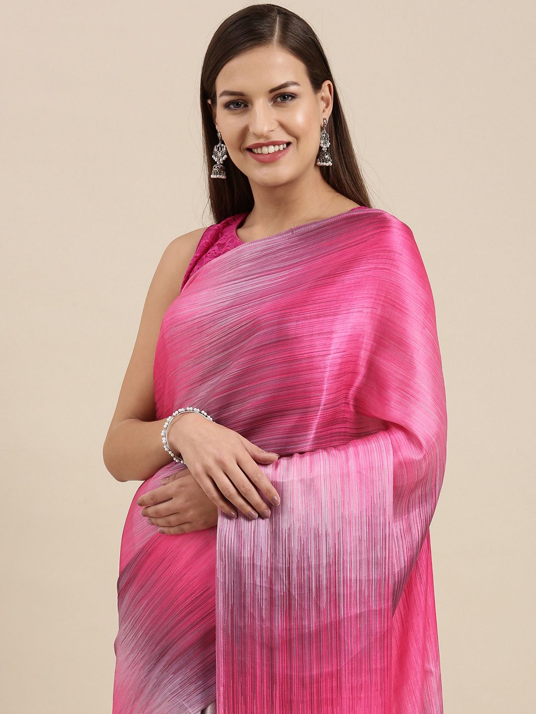 navyasa Pink & Grey Striped Satin Saree Price in India