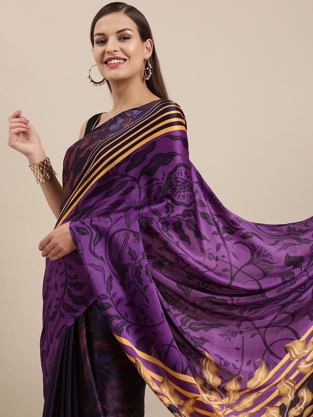 navyasa Purple & Black Floral Liva Satin Saree Price in India