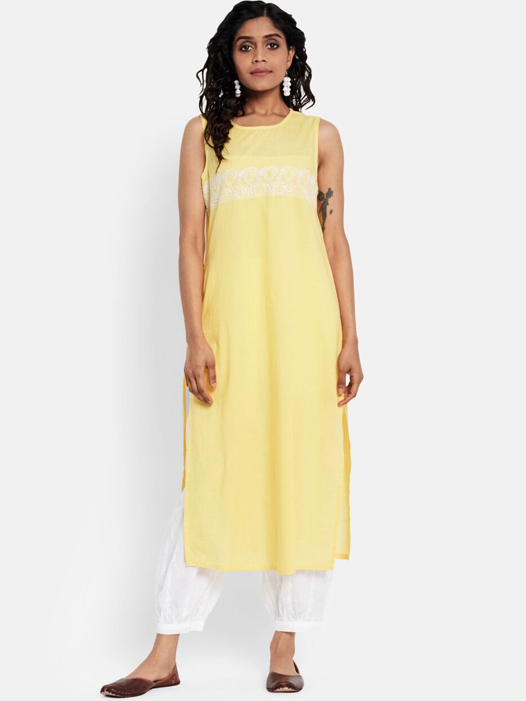 Fabindia Woman Yellow Embroidered Kurta Price in India
