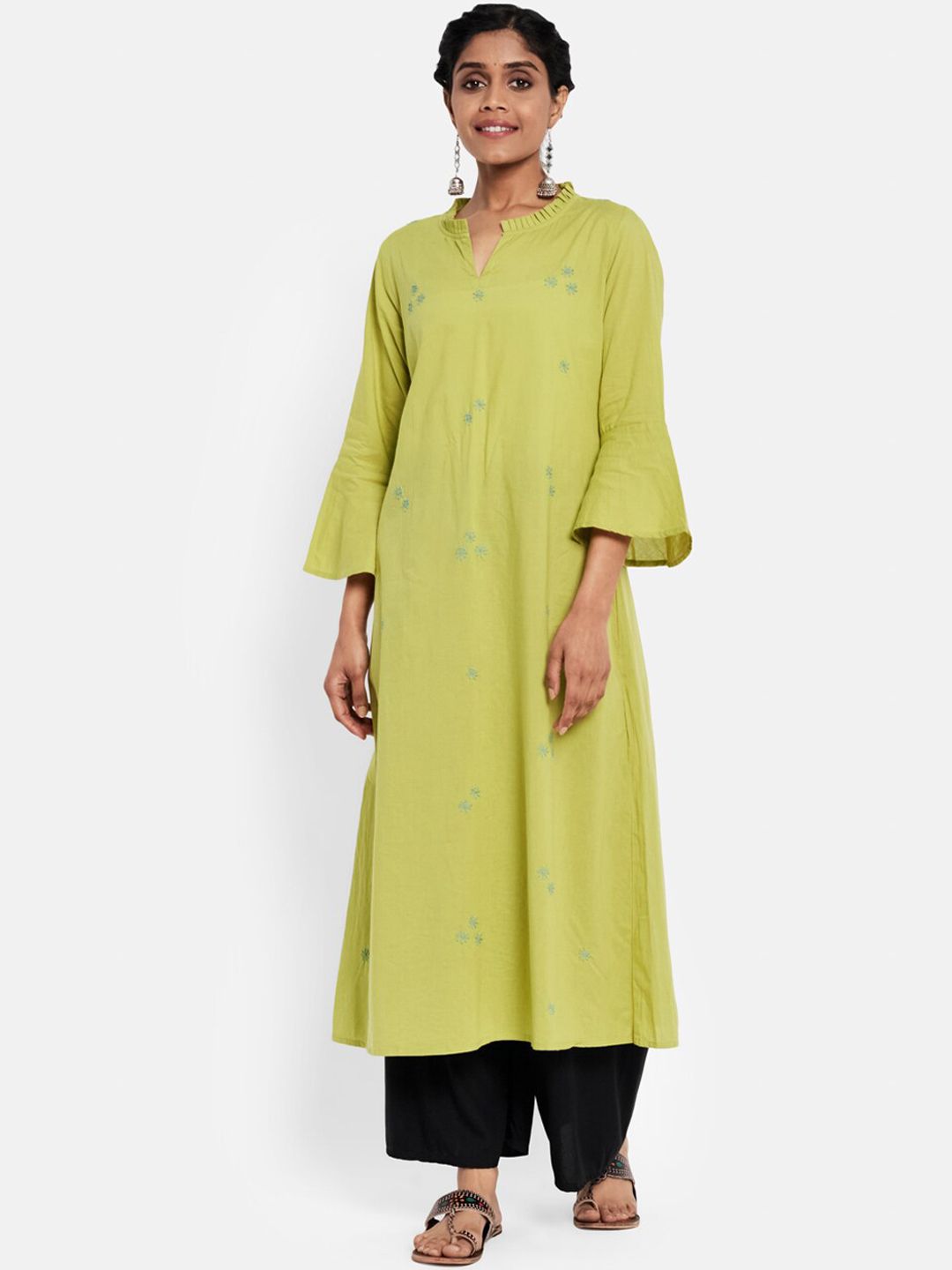 Fabindia Women Green Cotton A-Line Kurta Price in India