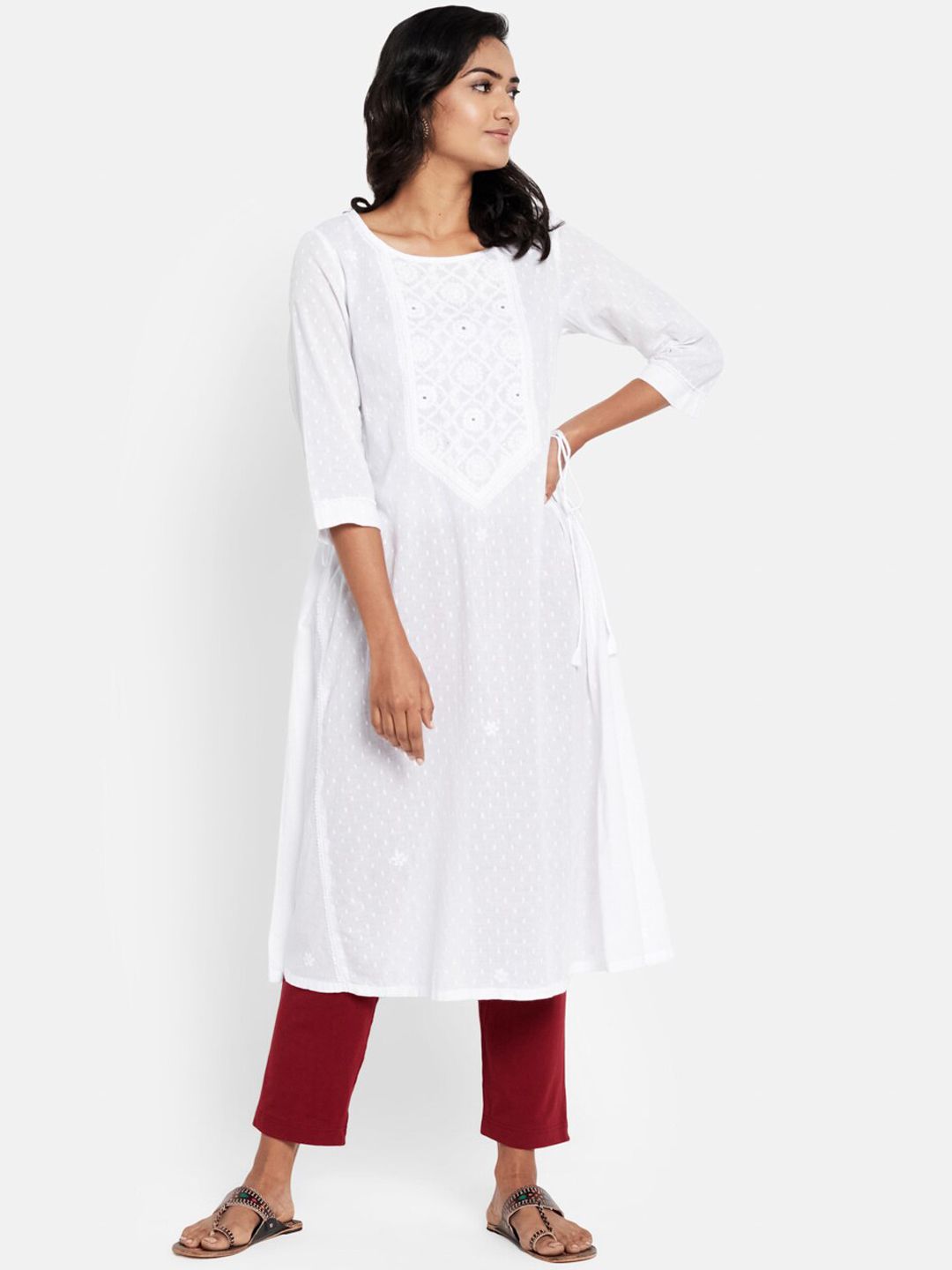 Fabindia Women White Chikankari Cotton A-Line Kurta Price in India