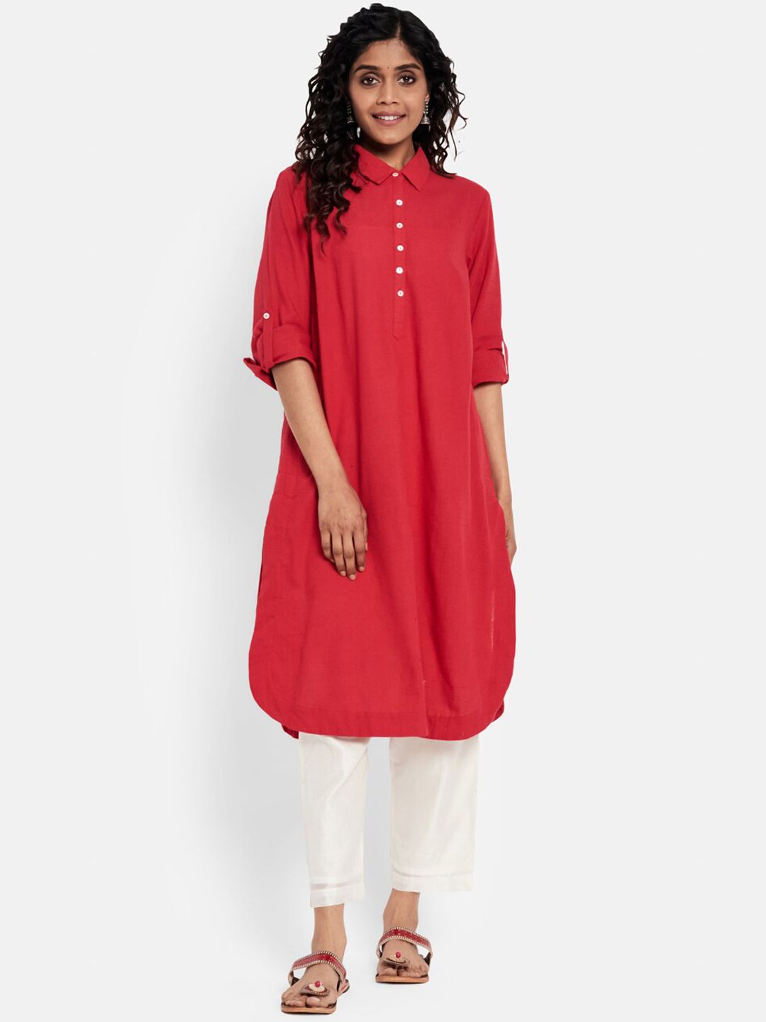 Fabindia Women Red Solid Cotton Kurta Price in India