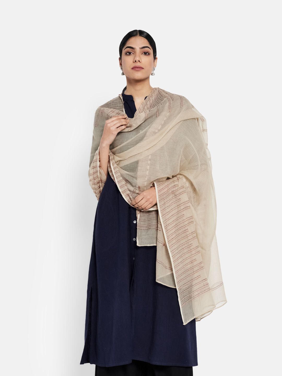 Fabindia Beige & Red Embroidered Cotton Silk Dupatta with Kantha Work