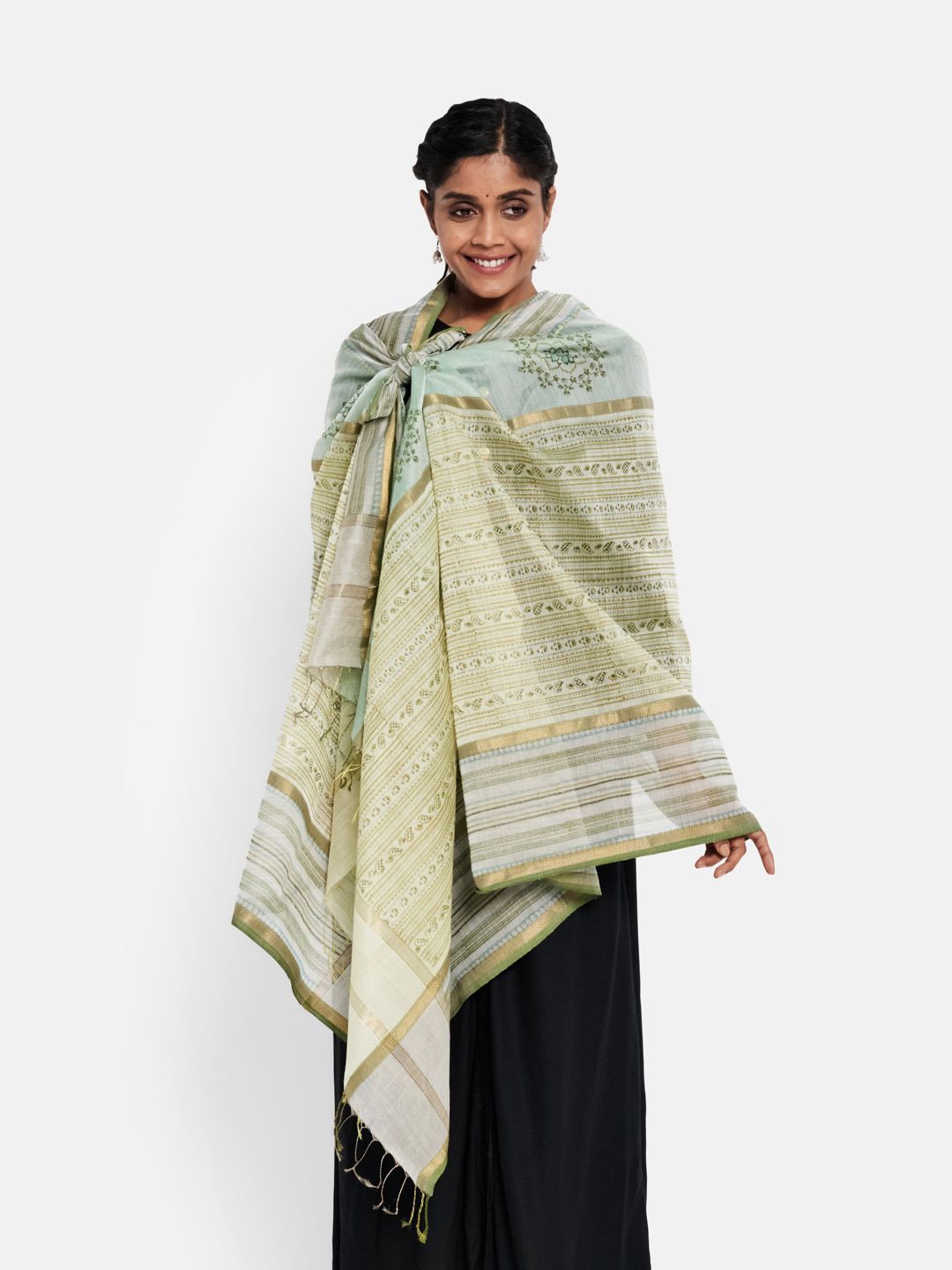 Fabindia Green & Blue Ethnic Motifs Block Printed Cotton Silk Dupatta with Zari