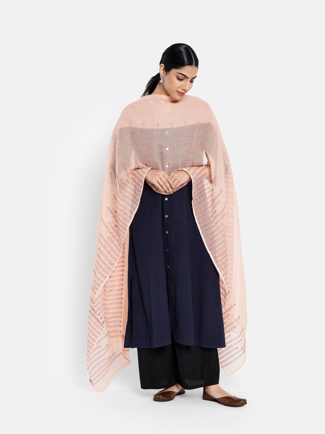 Fabindia Peach-Coloured & Turquoise Blue Embroidered Cotton Silk Dupatta with Kantha Work