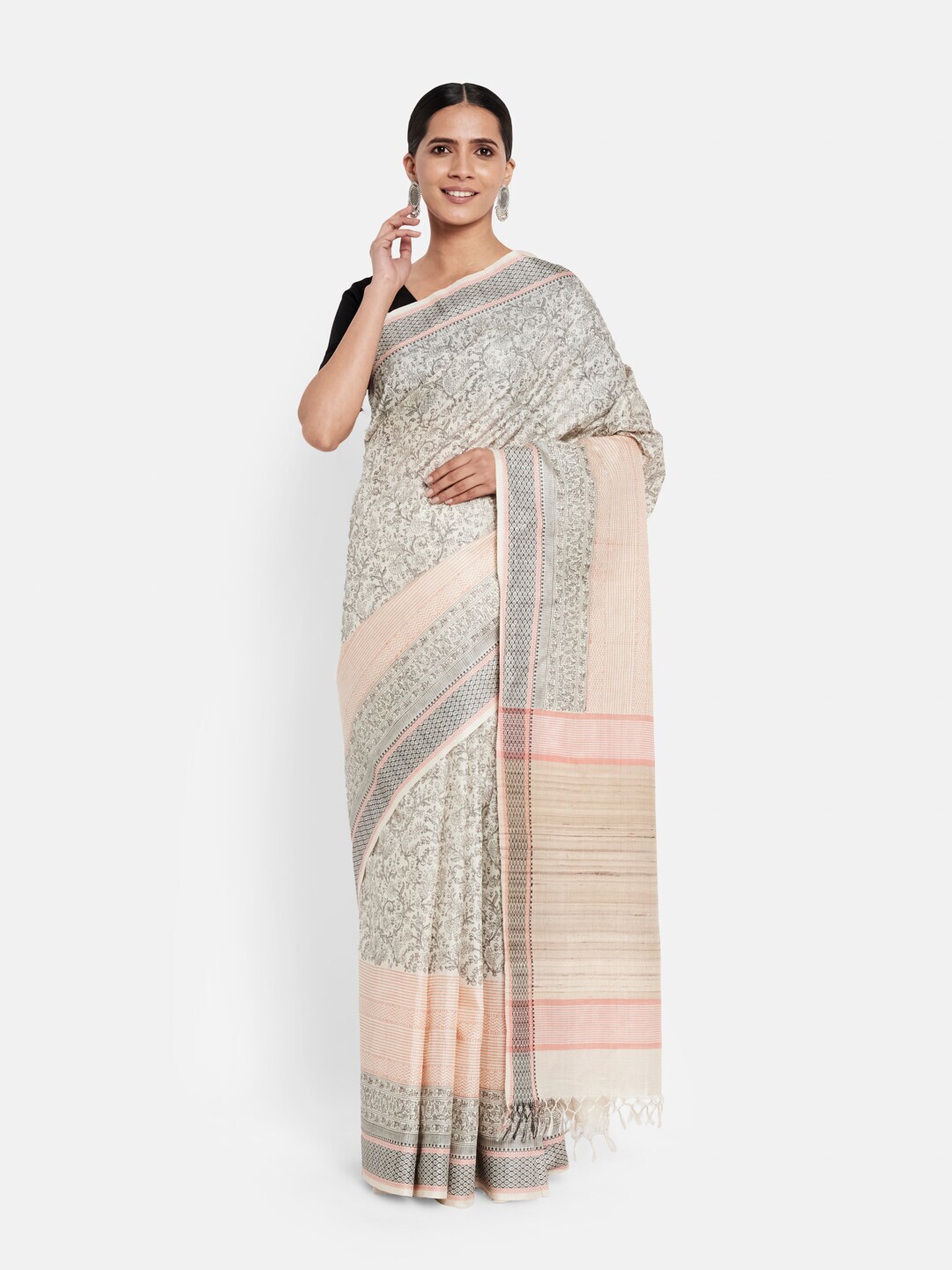 Fabindia Beige & Black Floral Printed Silk Cotton Saree Price in India
