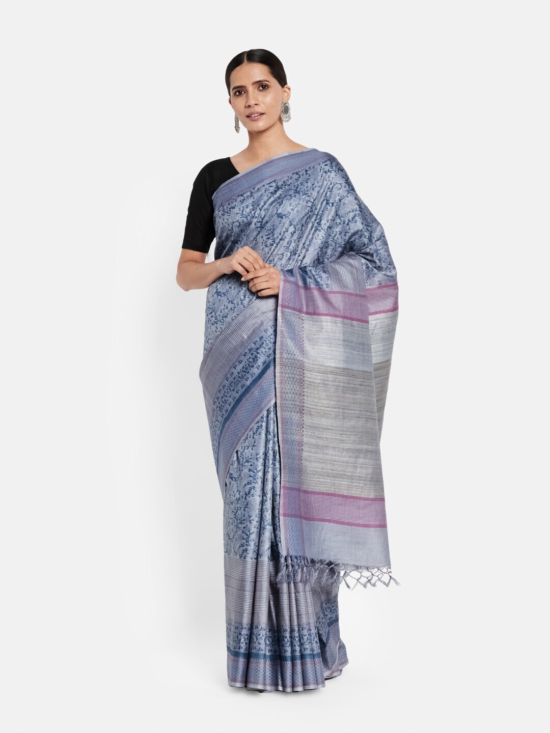 Fabindia Blue & Pink Floral Print Silk Cotton Saree Price in India
