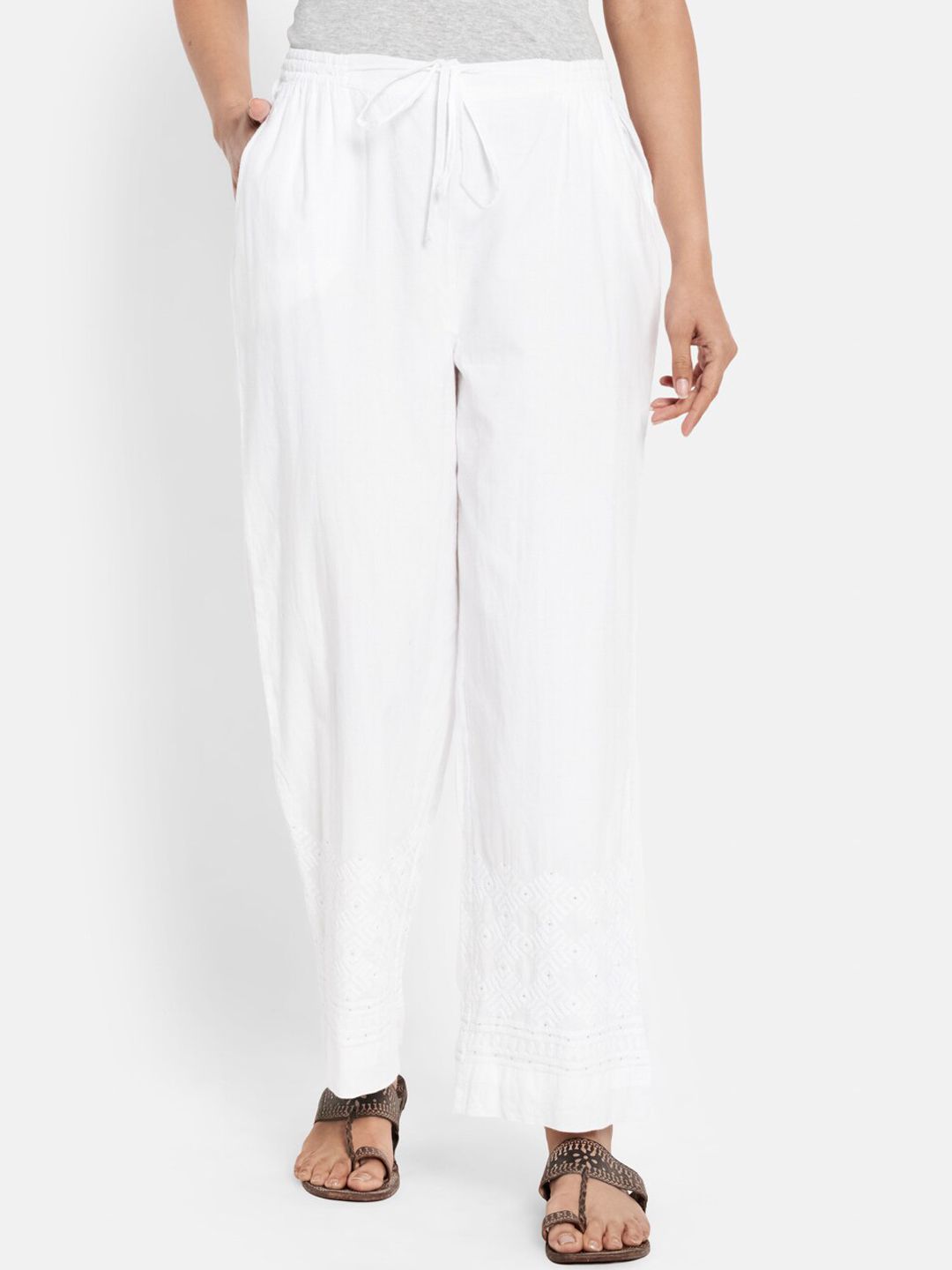 Fabindia Women White Relaxed Straight Fit Trousers With Chikankari Hem Price in India