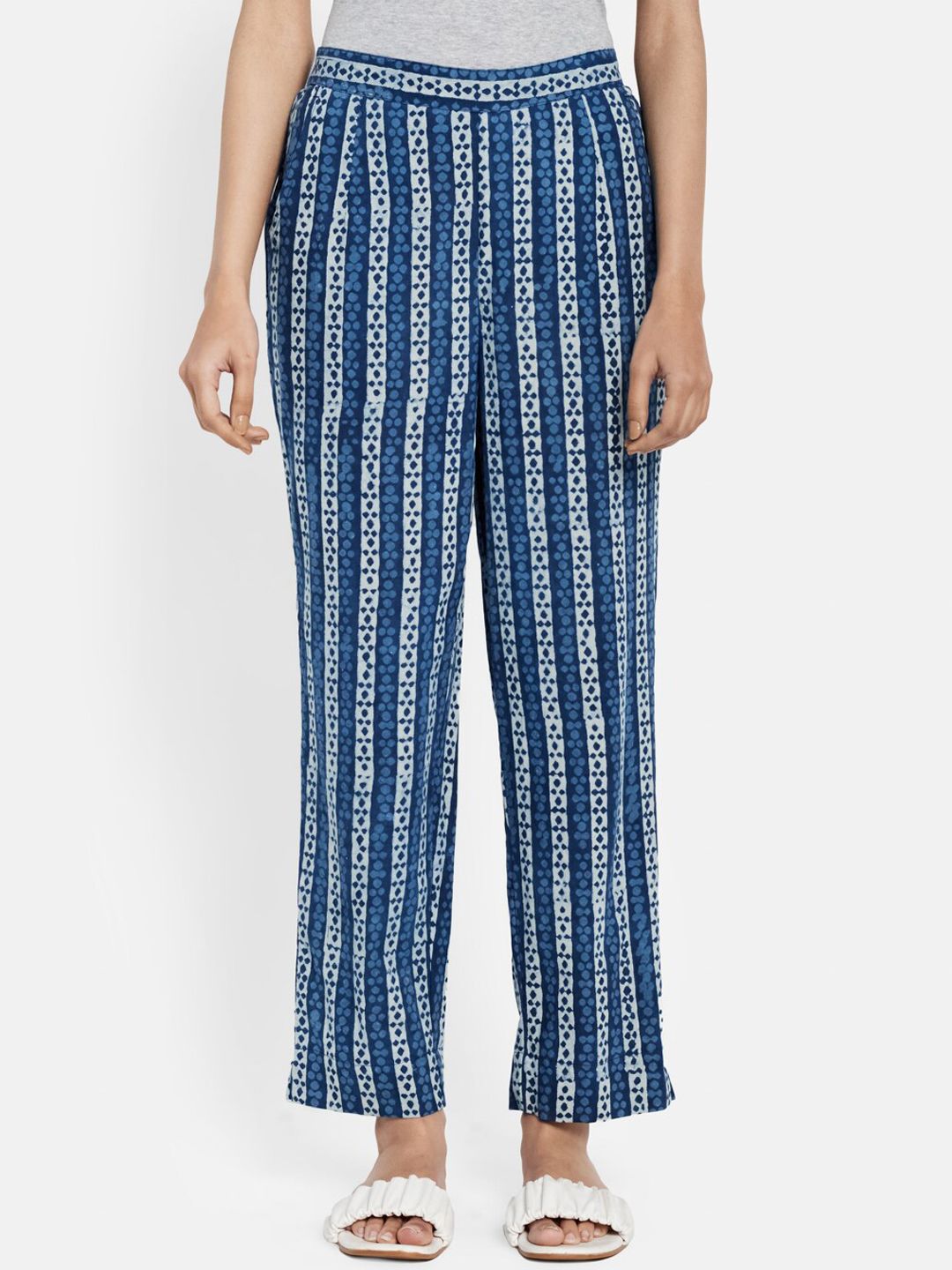 Fabindia Women Blue Striped Original Pleated Trousers Price in India