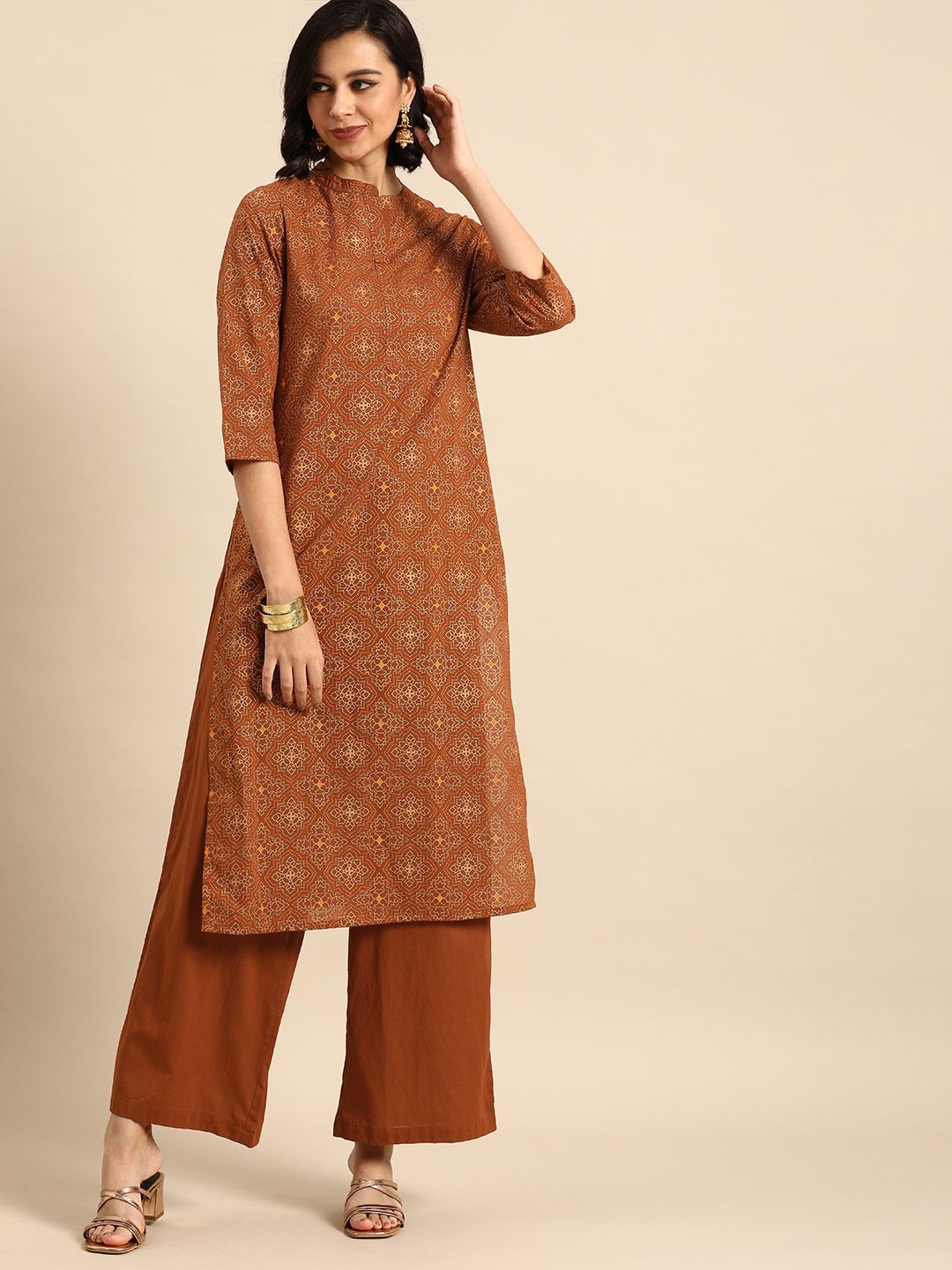 Anouk Women Brown & Gold Printed Pure Cotton Kurta Set Price in India