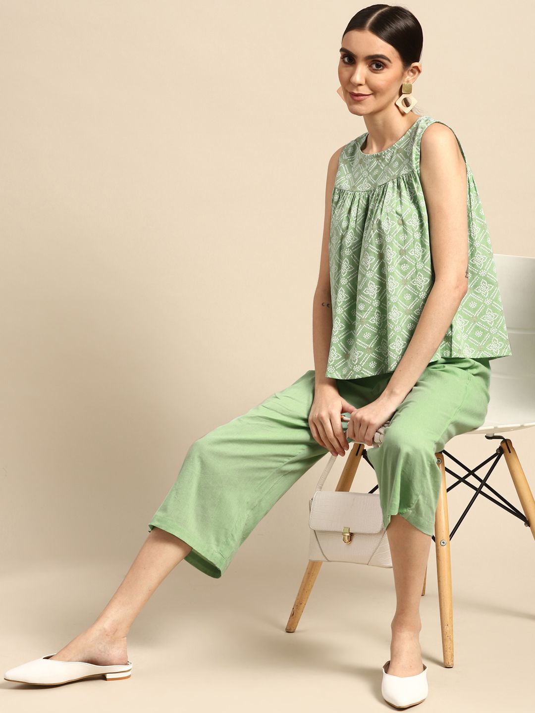 Anouk Women Sea Green Pure Cotton Bandhani Print Top with Palazzos