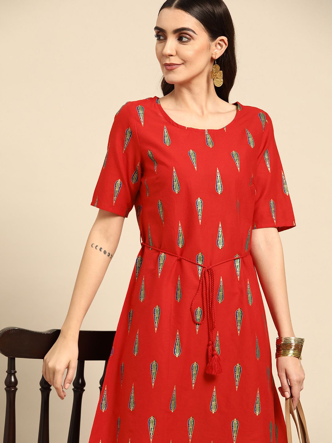 Anouk Women Red & Blue Ethnic Motifs Printed Round Neck Pure Cotton A-Line Dress Price in India
