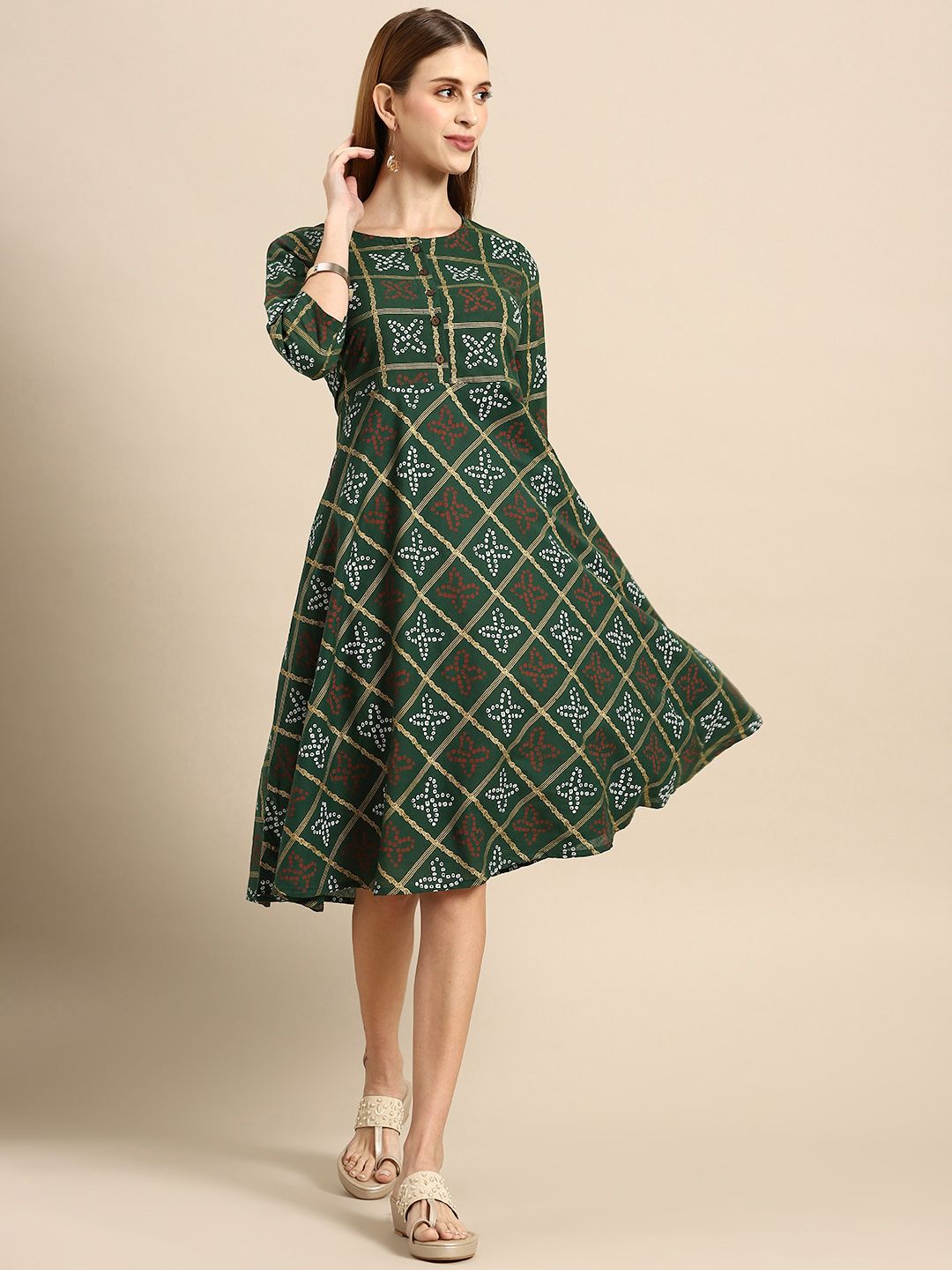 Anouk Women Green & Golden Bandhani Printed A-Line Midi Dress Price in India