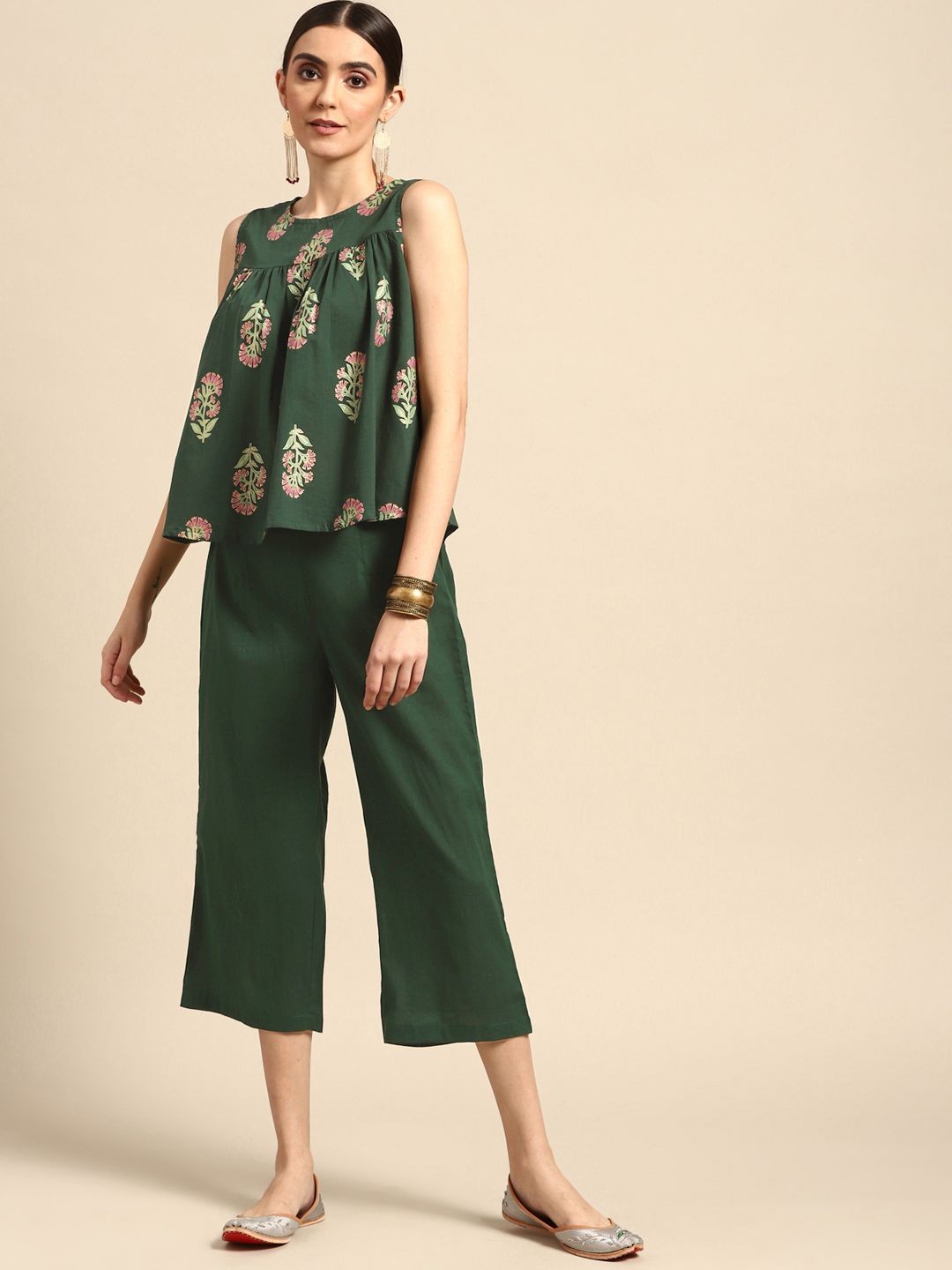 Anouk Women Green Pure Cotton Printed Pleated Top with Palazzos Price in India