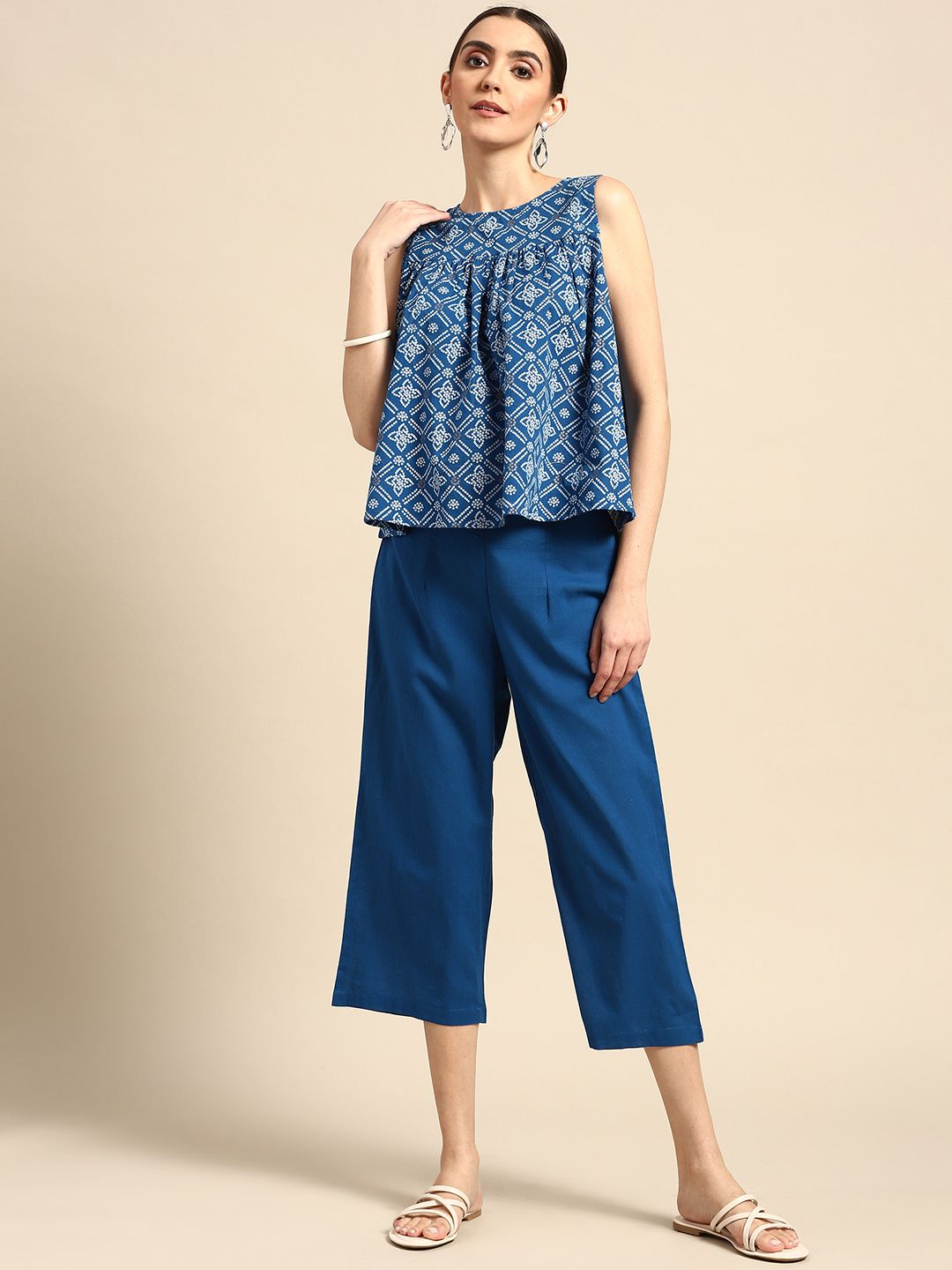Anouk Women Blue & White Bandhani Printed Pure Cotton Top with Solid Culottes Price in India