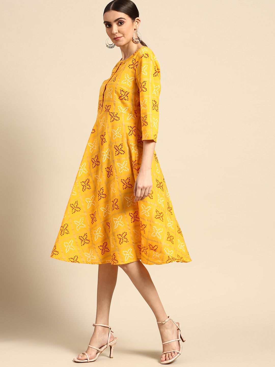 Anouk Yellow & Red Bandhini Print Pure Cotton A-Line Midi Dress Price in India