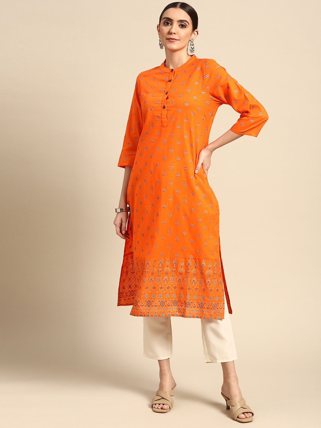 Anouk Women Orange & Blue Pure Cotton Ethnic Motifs Printed Kurta Price in India