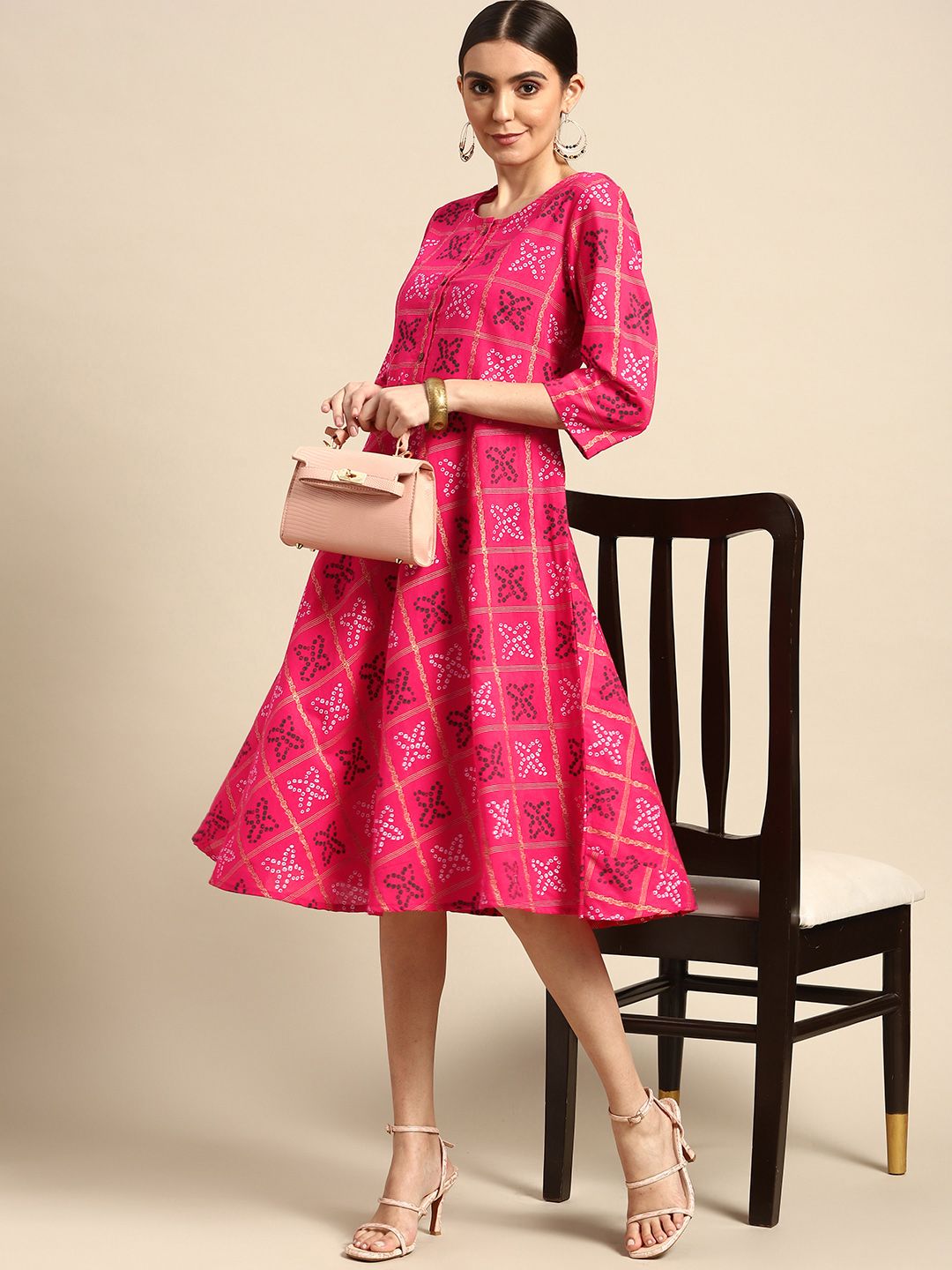 Anouk Pink & Green Bandhini Print Pure Cotton A-Line Midi Dress Price in India