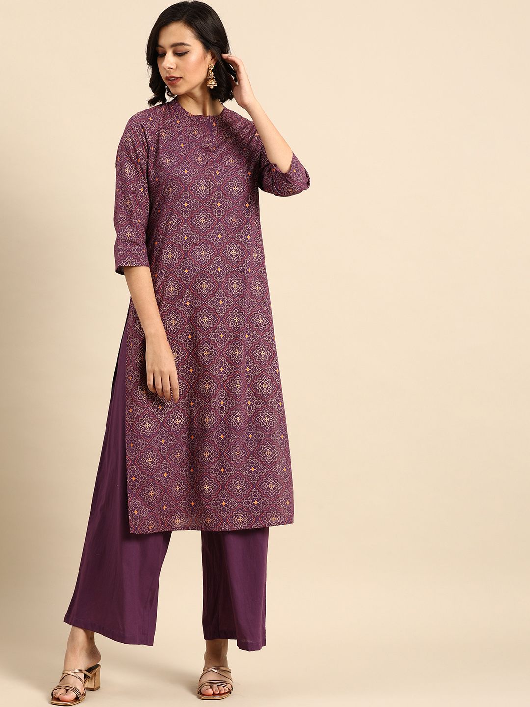 Anouk Women Purple & Gold Printed Pure Cotton Kurta Set Price in India