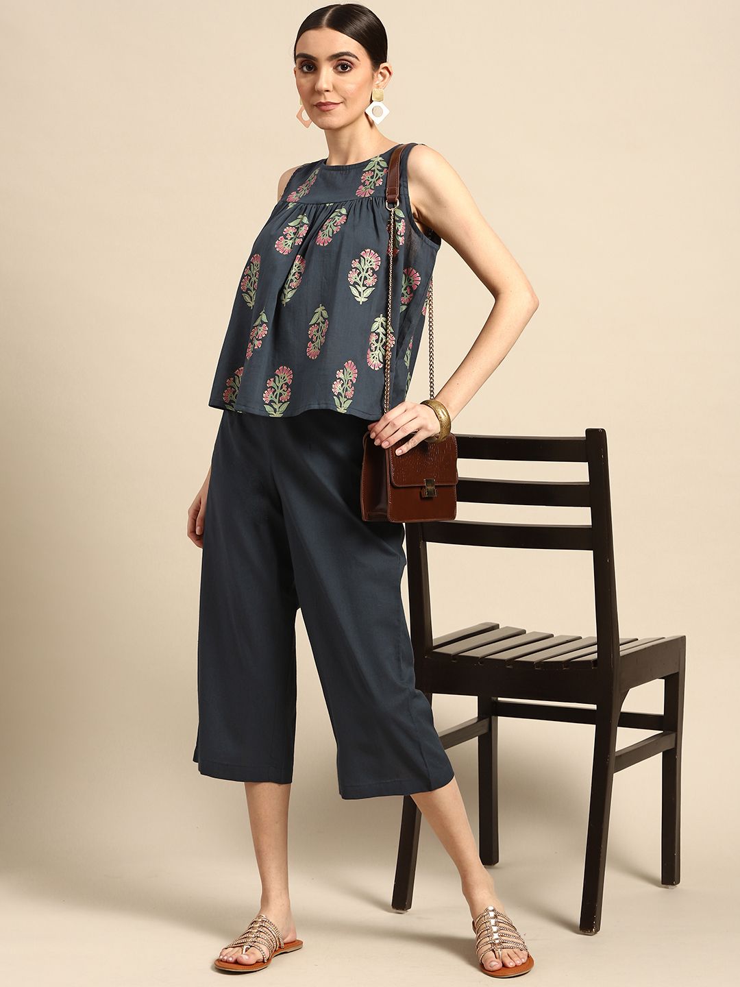 Anouk Women Charcoal Grey Pure Cotton Printed Pleated Top with Palazzos