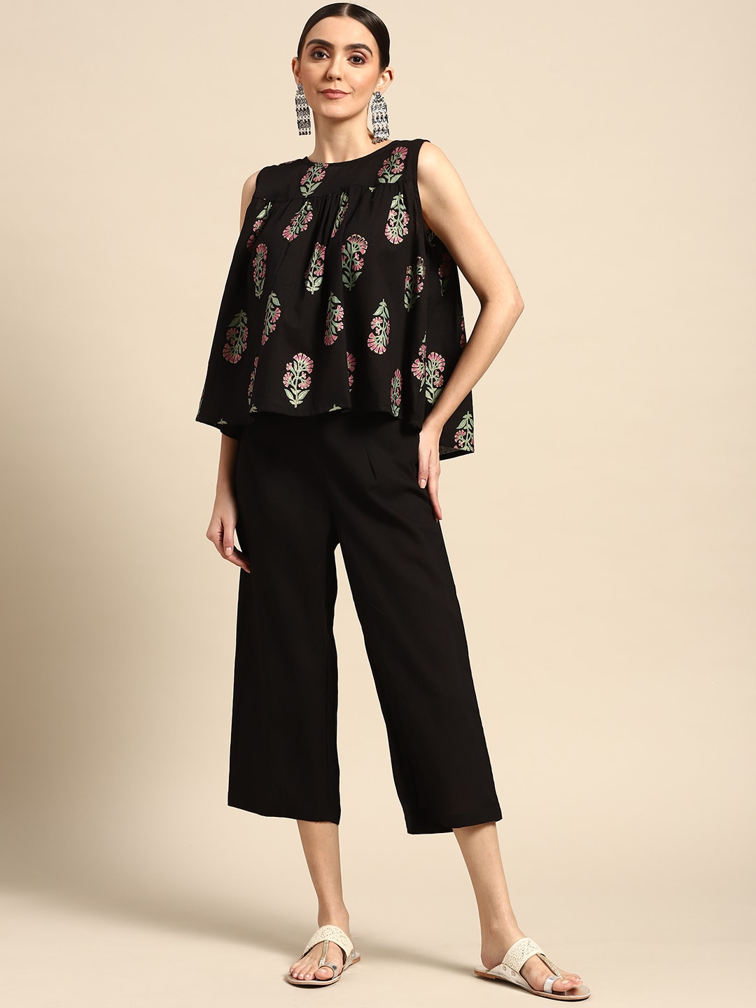 Anouk Women Black & Green Ethnic Motifs Printed Pure Cotton Top with Solid Culottes Price in India