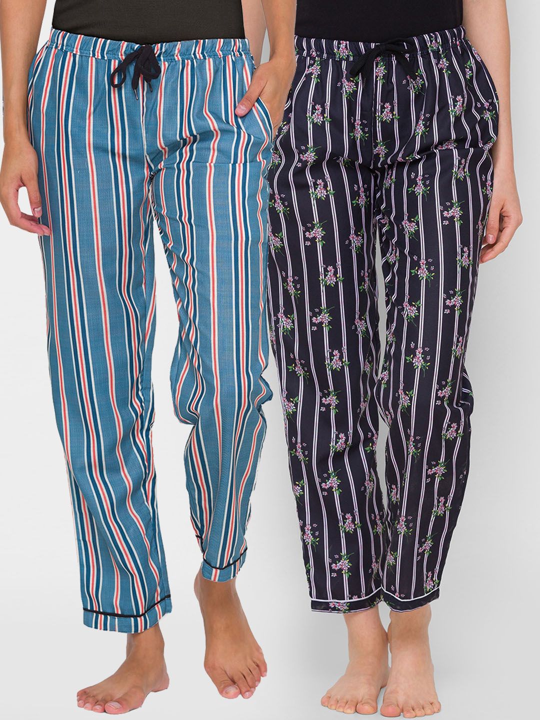 FashionRack Women Navy Blue & Black Pack of 2 Printed Cotton Lounge Pants Price in India