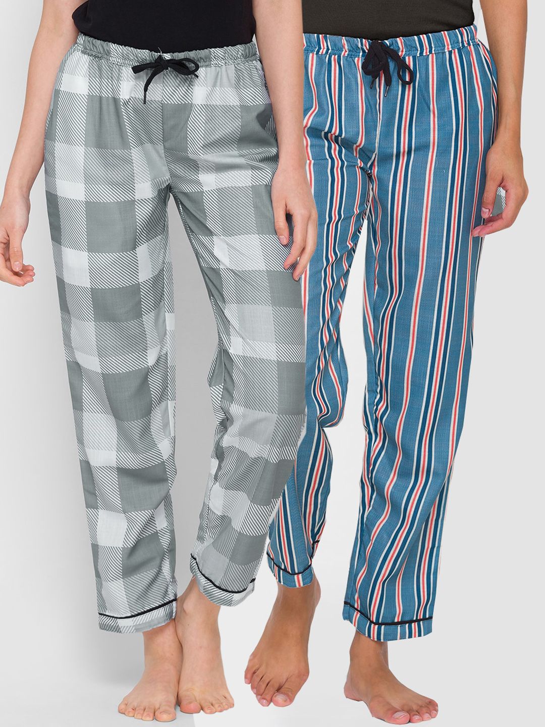 FashionRack Women Navy Blue & Grey Set Of 2 Printed Lounge Pants Price in India