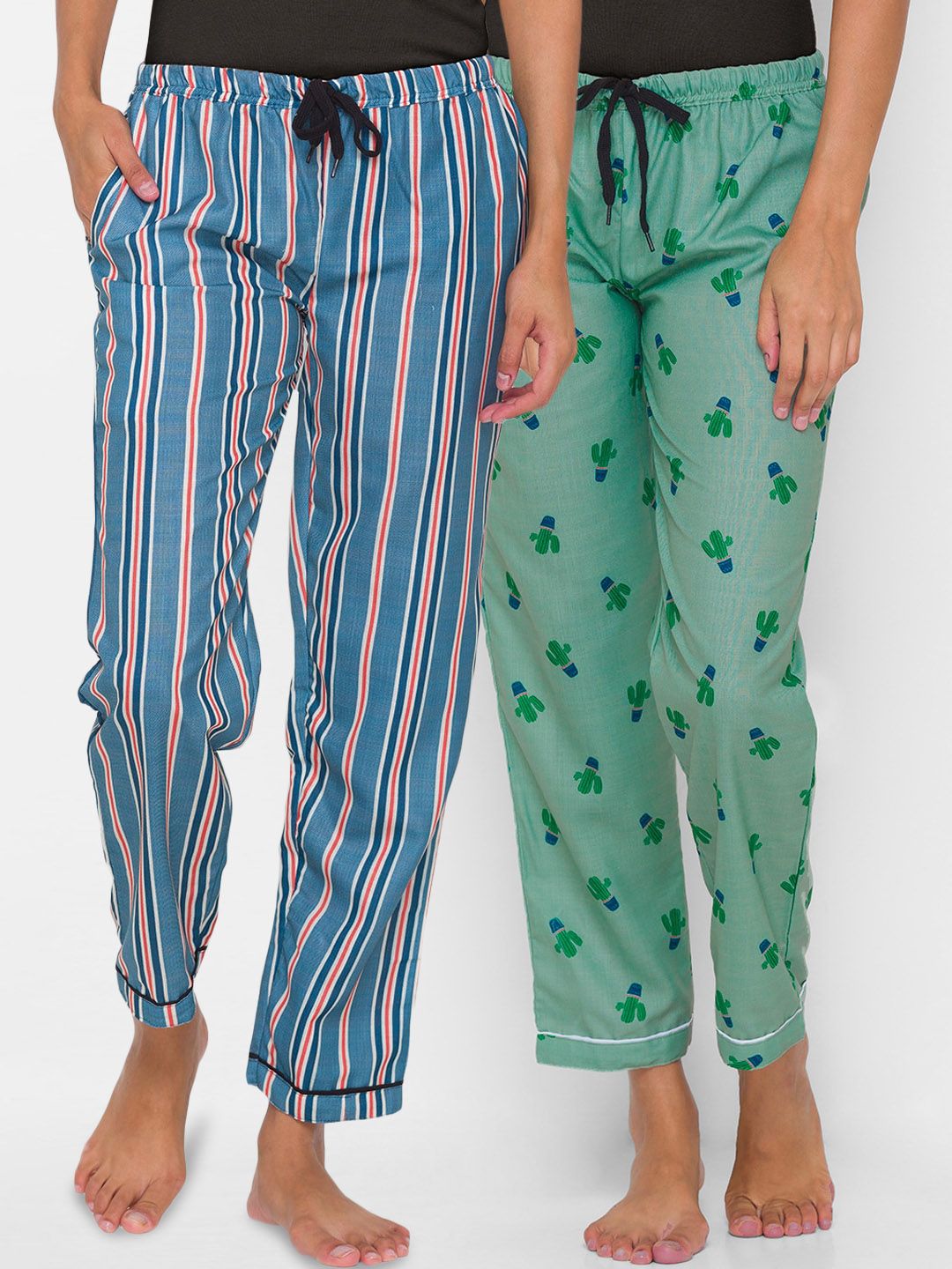 FashionRack Women Navy Blue & Green Pack of 2 Printed Pyjamas Price in India