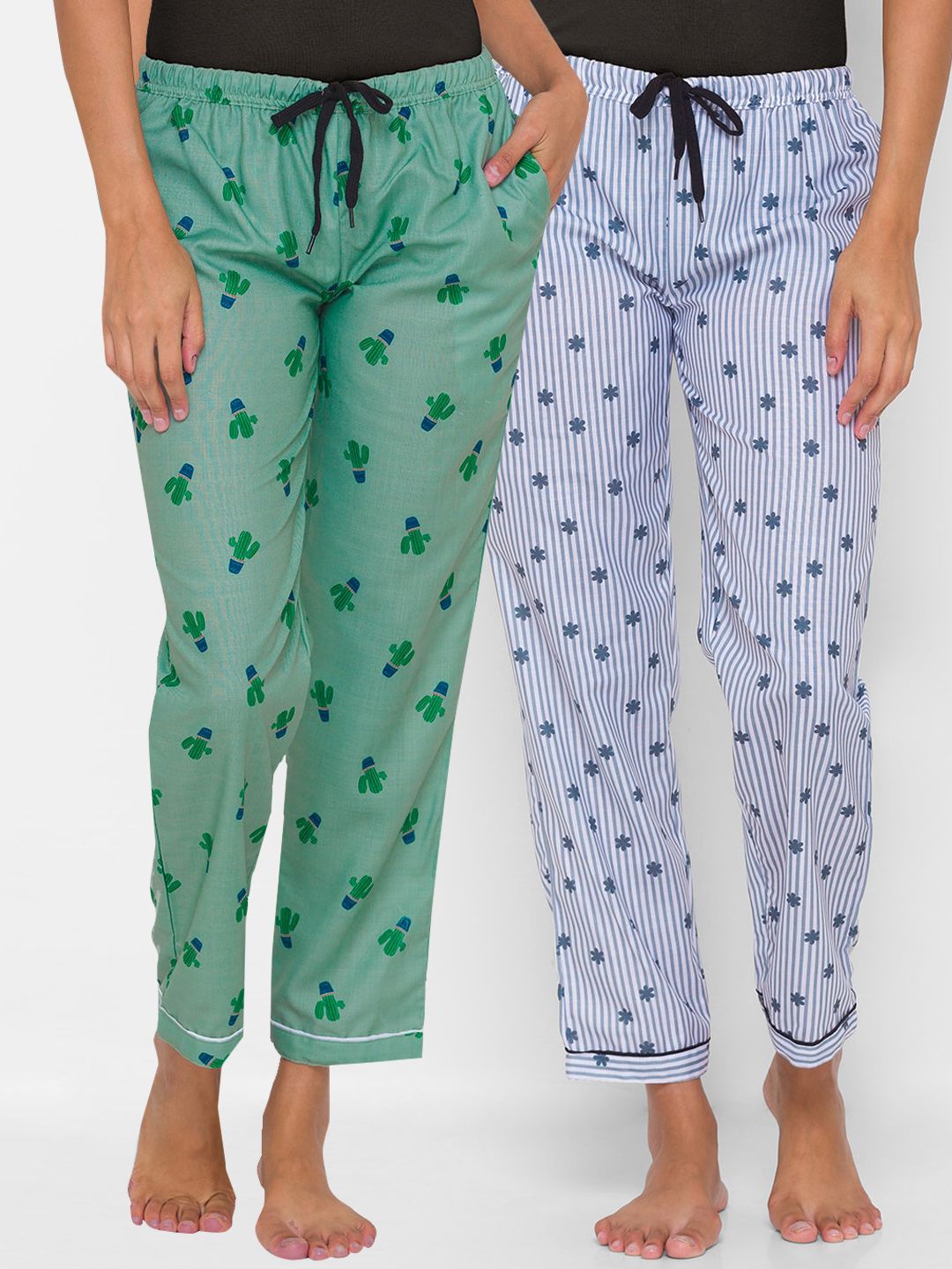 FashionRack Pack Of 2 Green & Grey Printed Cotton Regular Fit Lounge Pants Price in India