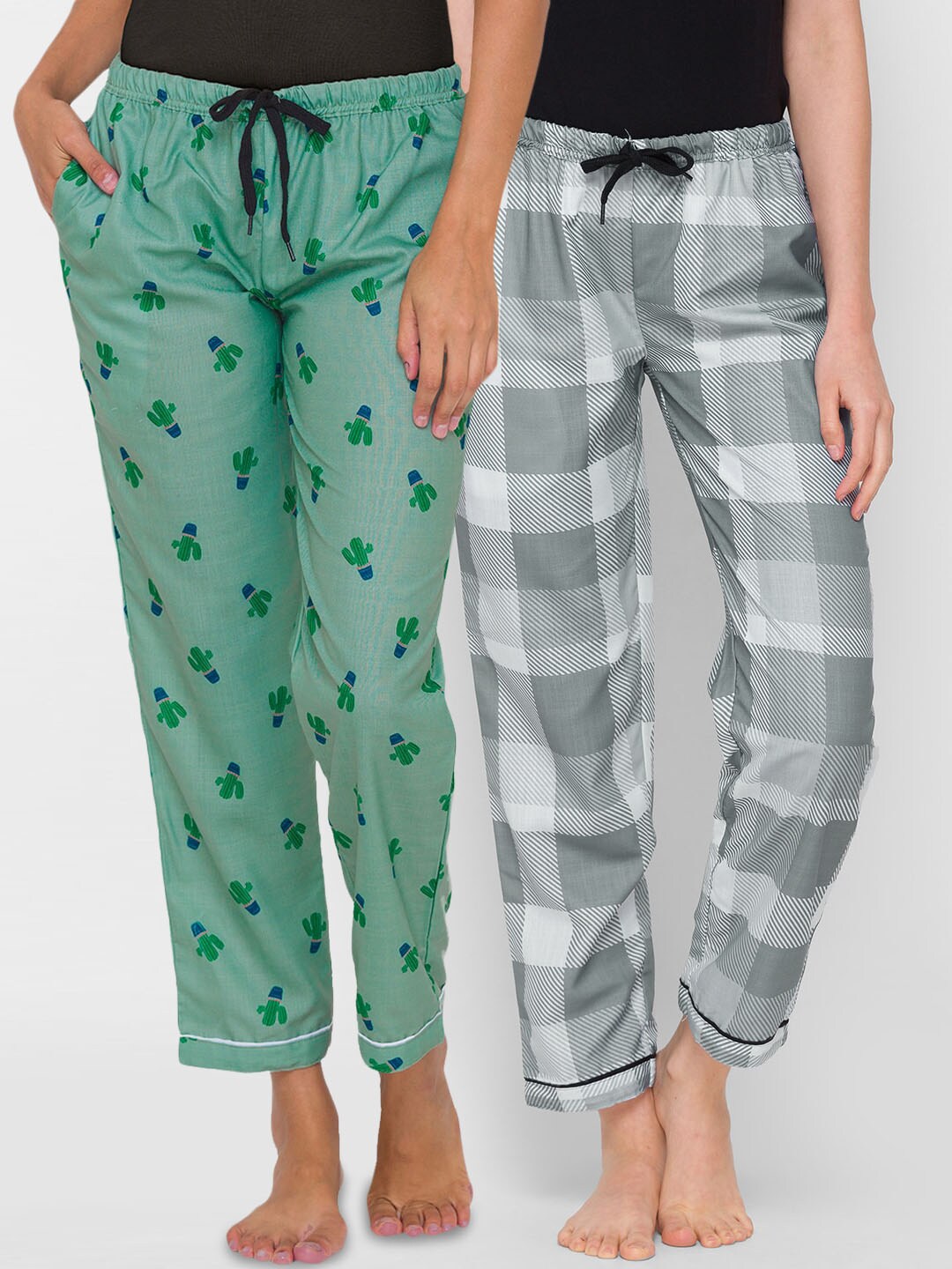FashionRack Green & Grey Women Pack of 2 Printed Pyjamas Price in India