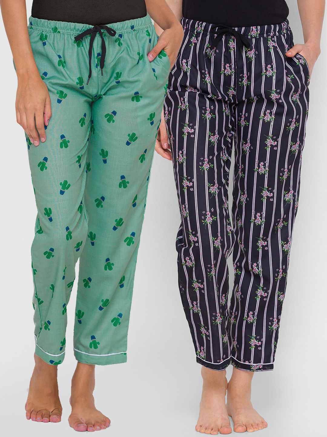 FashionRack Women Set of 2 Green and Black Printed Cotton Lounge Pants Price in India