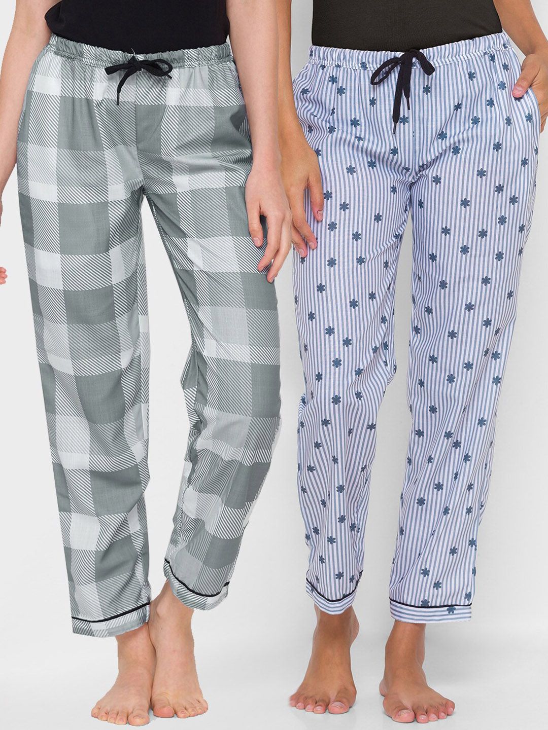 FashionRack Women Grey & Blue Pack of 2 Printed Lounge Pants Price in India