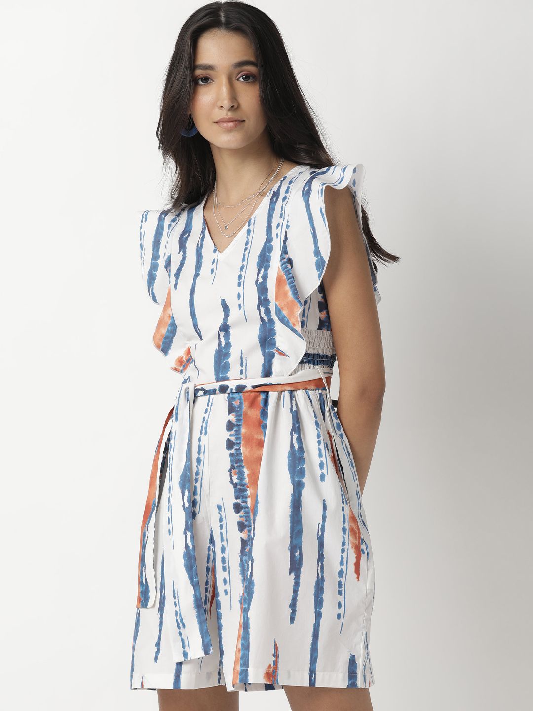 RAREISM Off-White & Blue Tie & Dye Printed Ruffled Cotton Playsuit Price in India