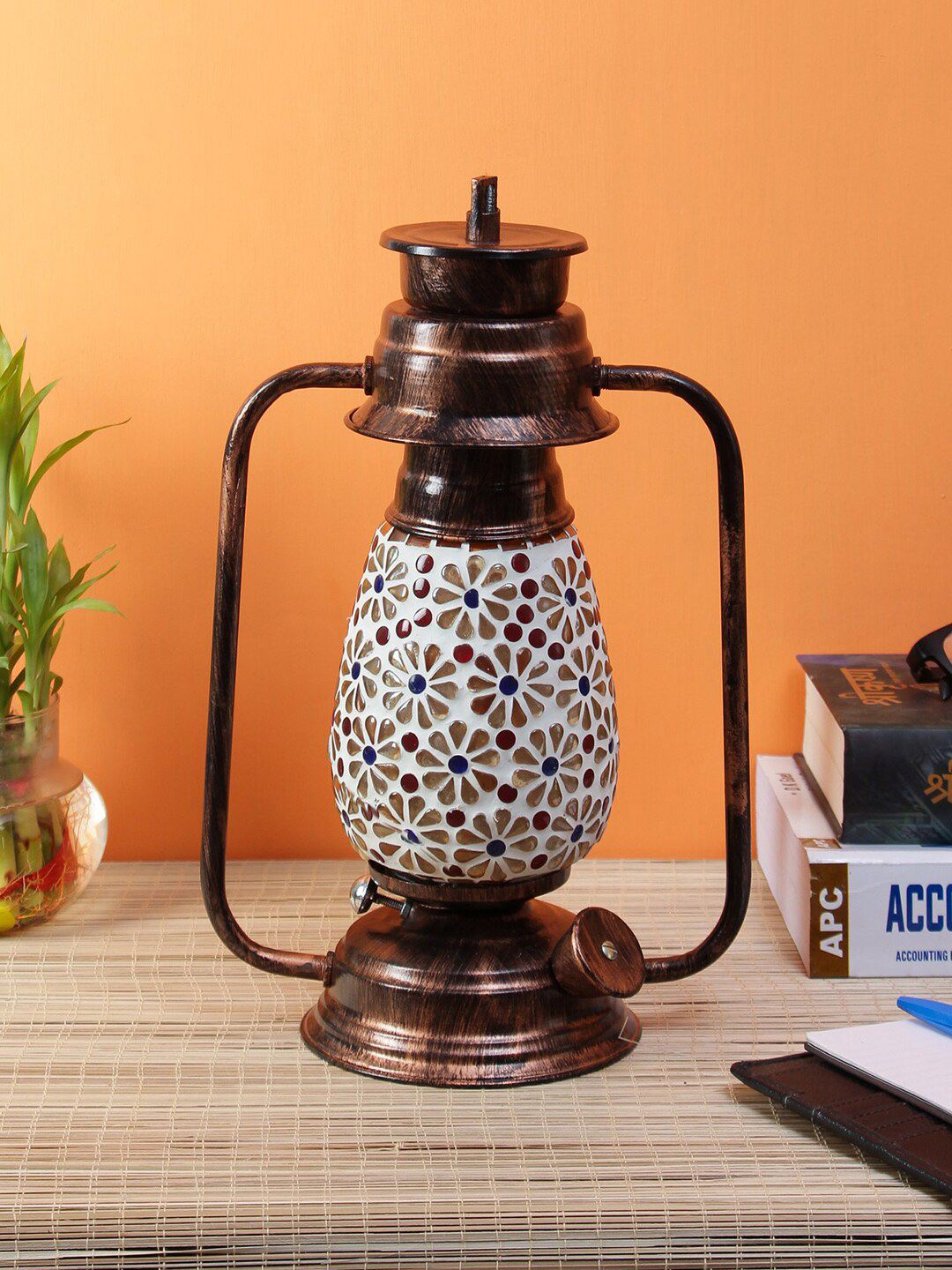 Devansh Copper-Toned & Multicolor Mosaic Glass Lantern Table lamp Price in India