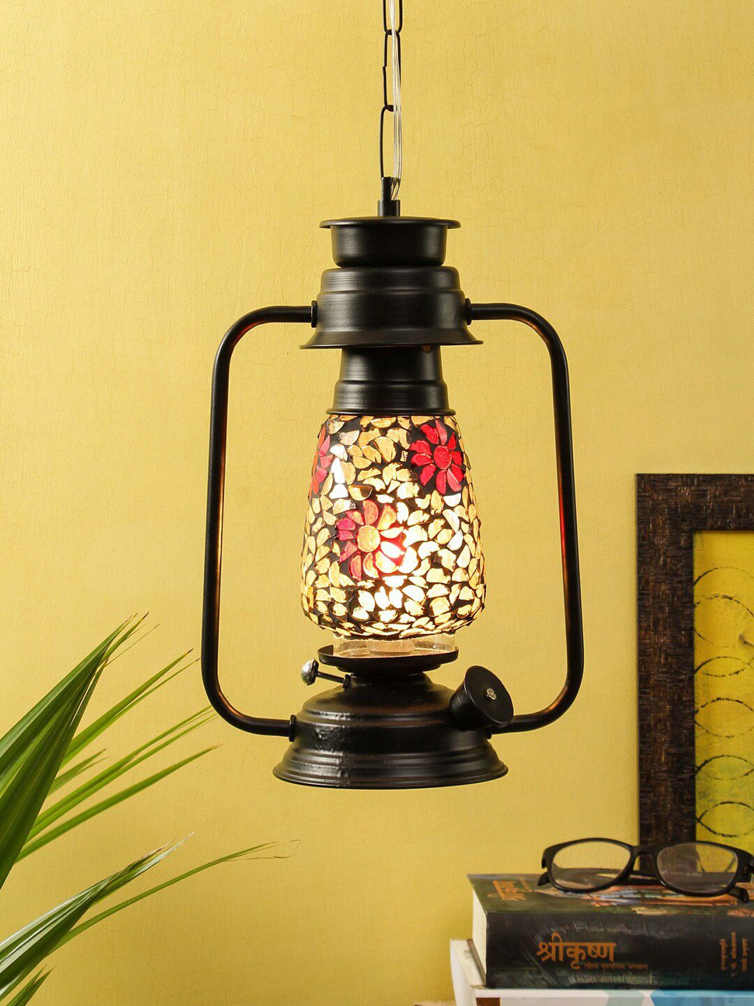 Devansh Black & Multicoloured Mosaic Glass Lantern Hanging Lamp Price in India
