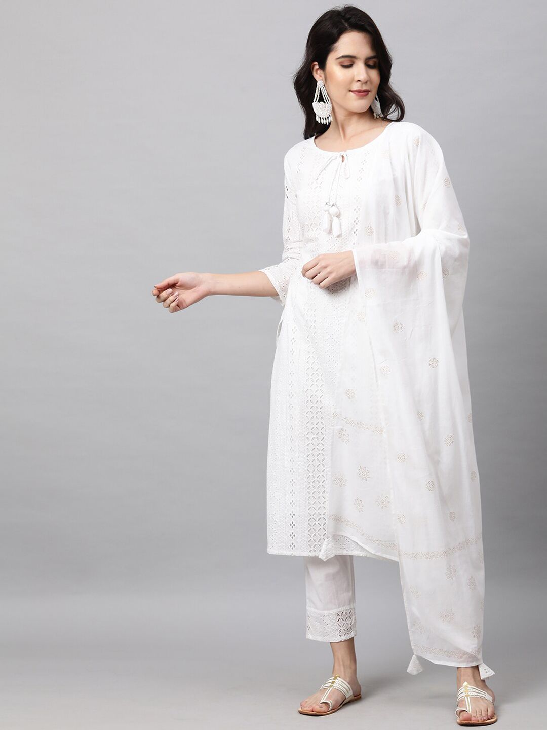 FASHOR Women White Floral Chikankari Pure Cotton Kurta with Trousers & With Dupatta Price in India