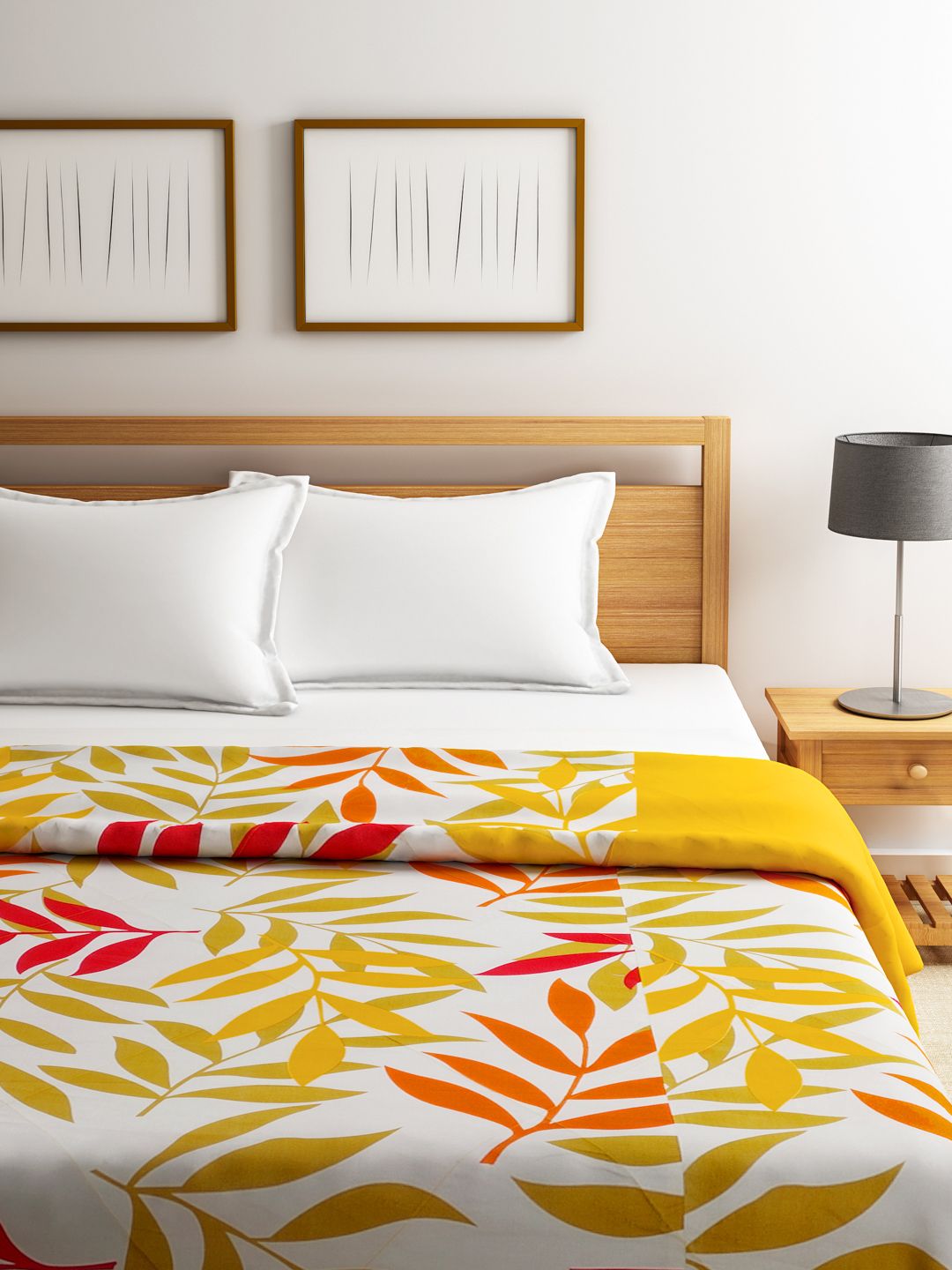 SWAYAM White & Yellow Leaf Print Anti-Allergic AC Double Comforter Price in India