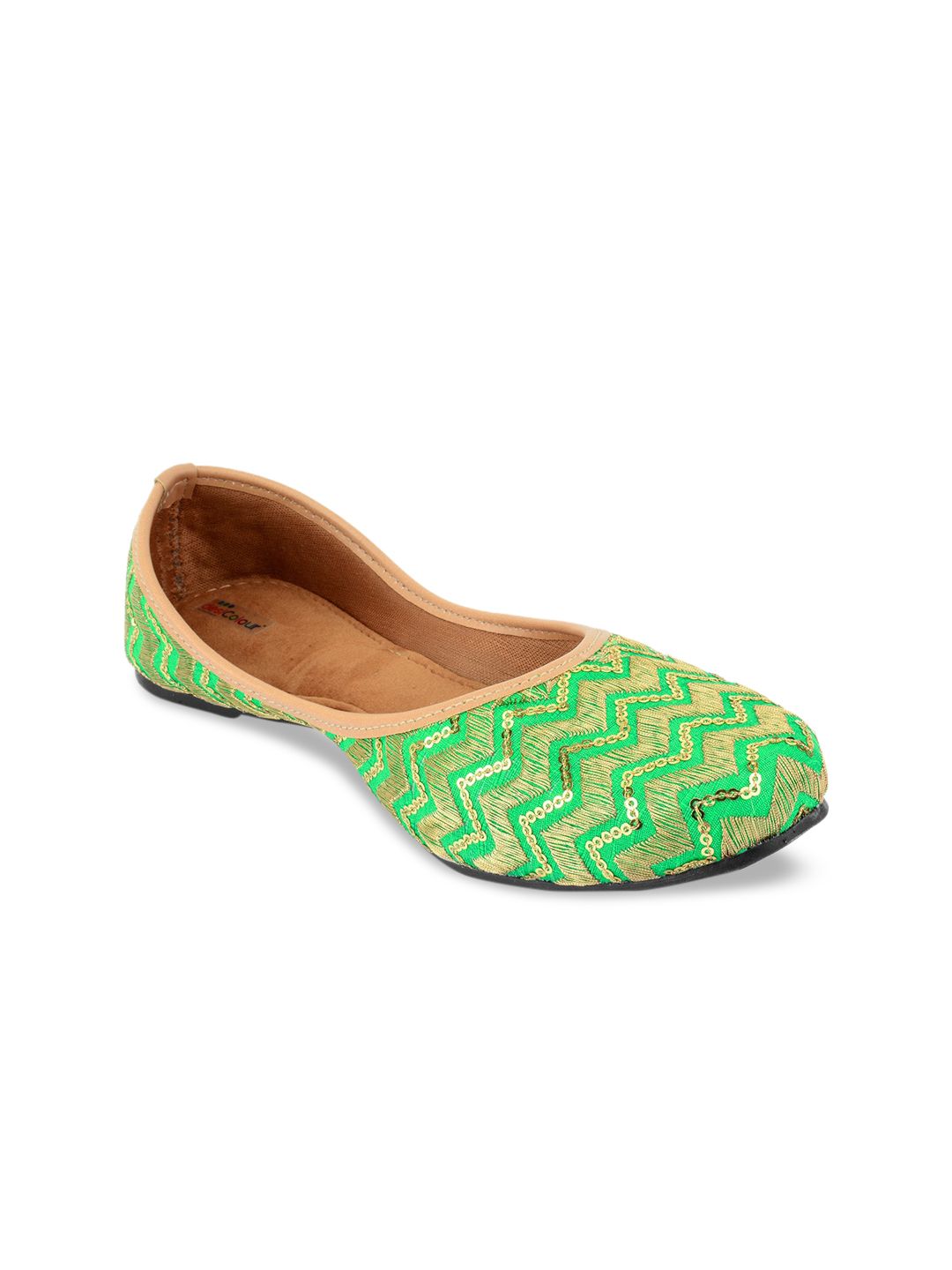 DESI COLOUR Women Green Embellished Leather Ethnic Ballerinas Flats
