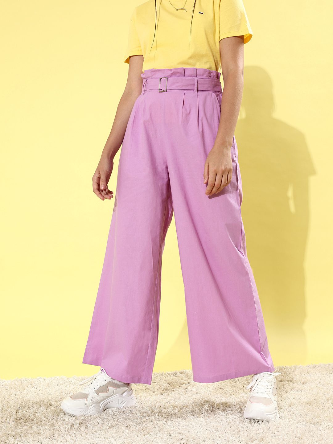DressBerry Women Beautiful Lavender Solid Wide Leg Bottom Trousers Price in India